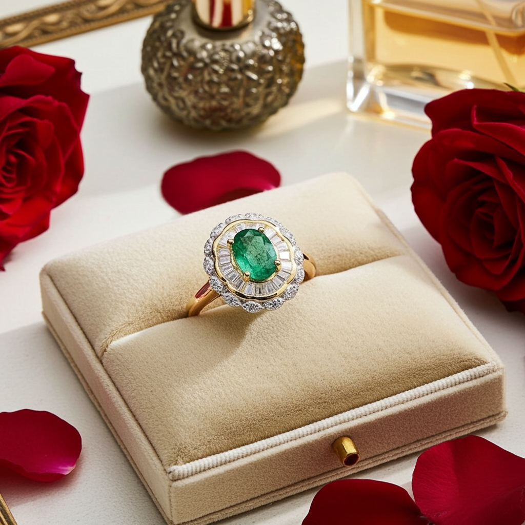 Colombian Emerald Two Tone Cocktail Ring 5x7mm