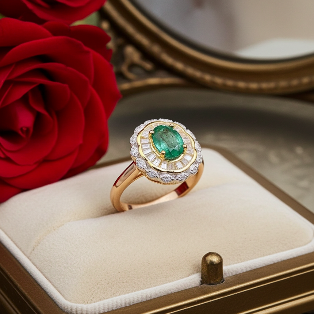 Colombian Emerald Two Tone Cocktail Ring 5x7mm