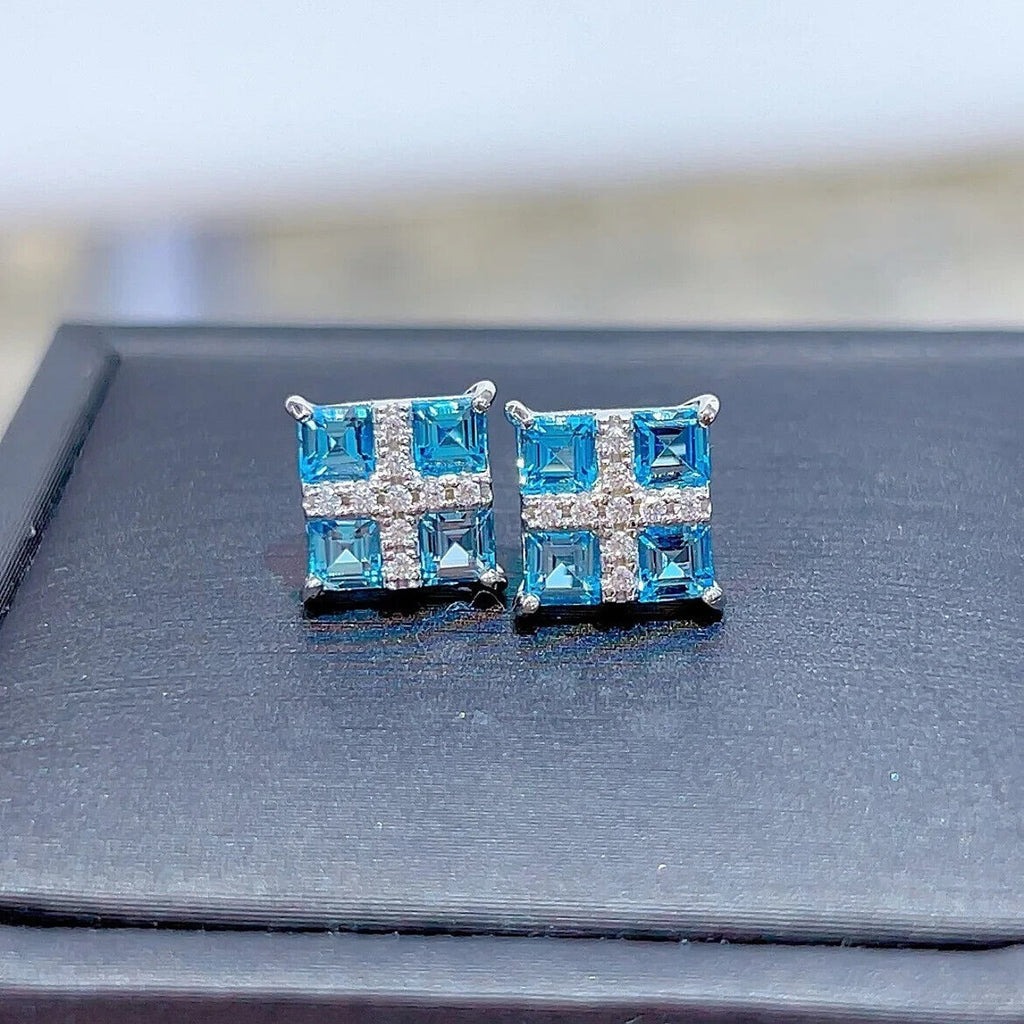 Swiss Blue Topaz Stud Earrings Platinum Plated Silver, Bright Blue Topaz Earring