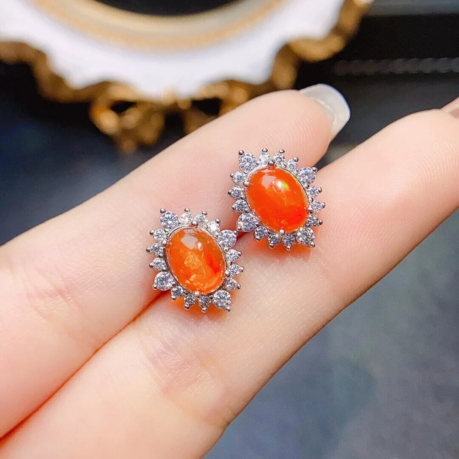 Orange Fire Opal Cluster Stud Earrings, Natural Orange Opal Stud Earrings 6x8mm