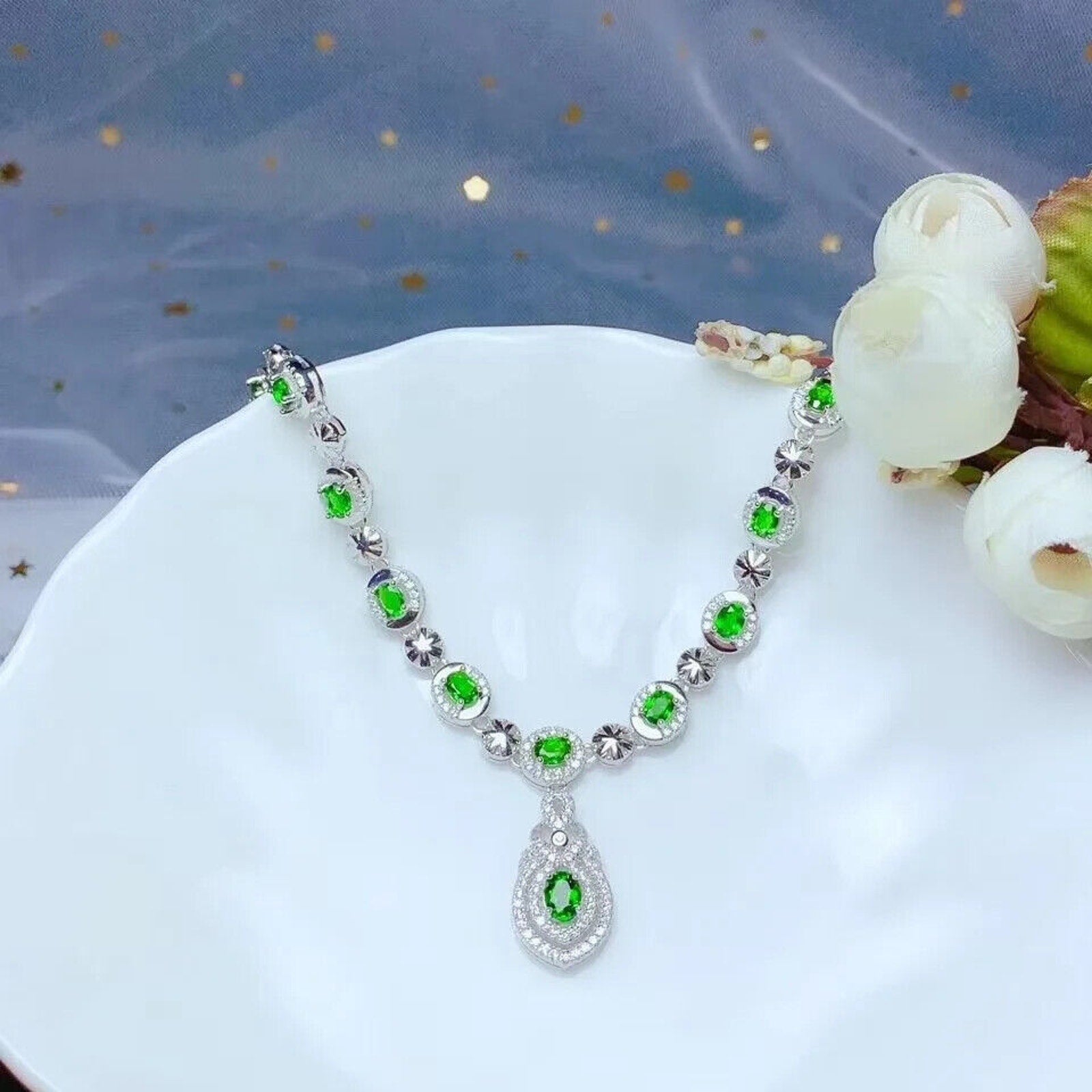 Natural Chrome Diopside Statement Necklace, Diopside Necklace 925 Sterling