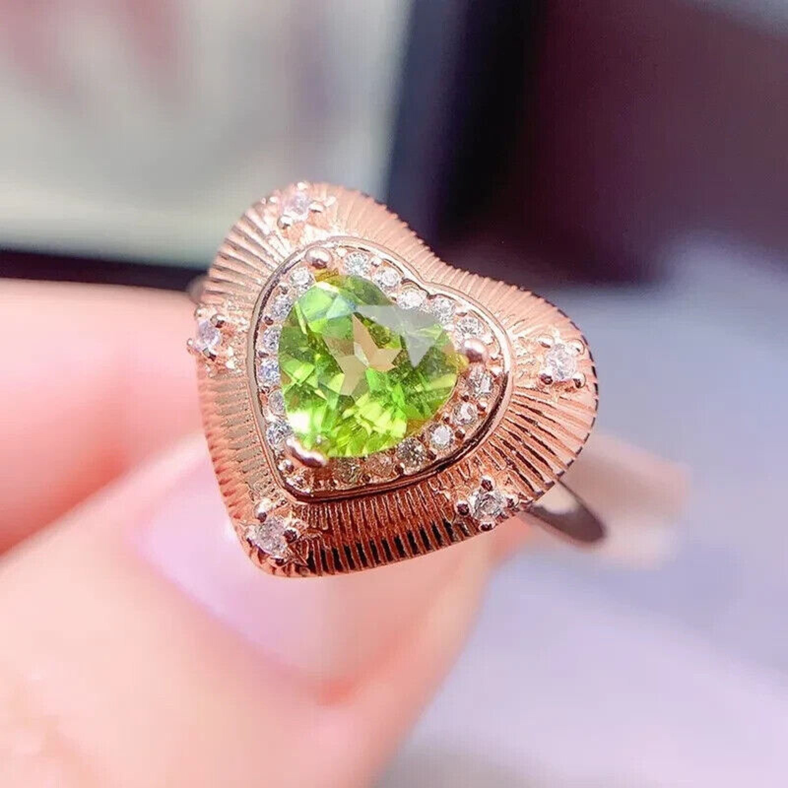 Natural Peridot Gemstone Heart Statement Ring 6mm, August Birthstone Peridot