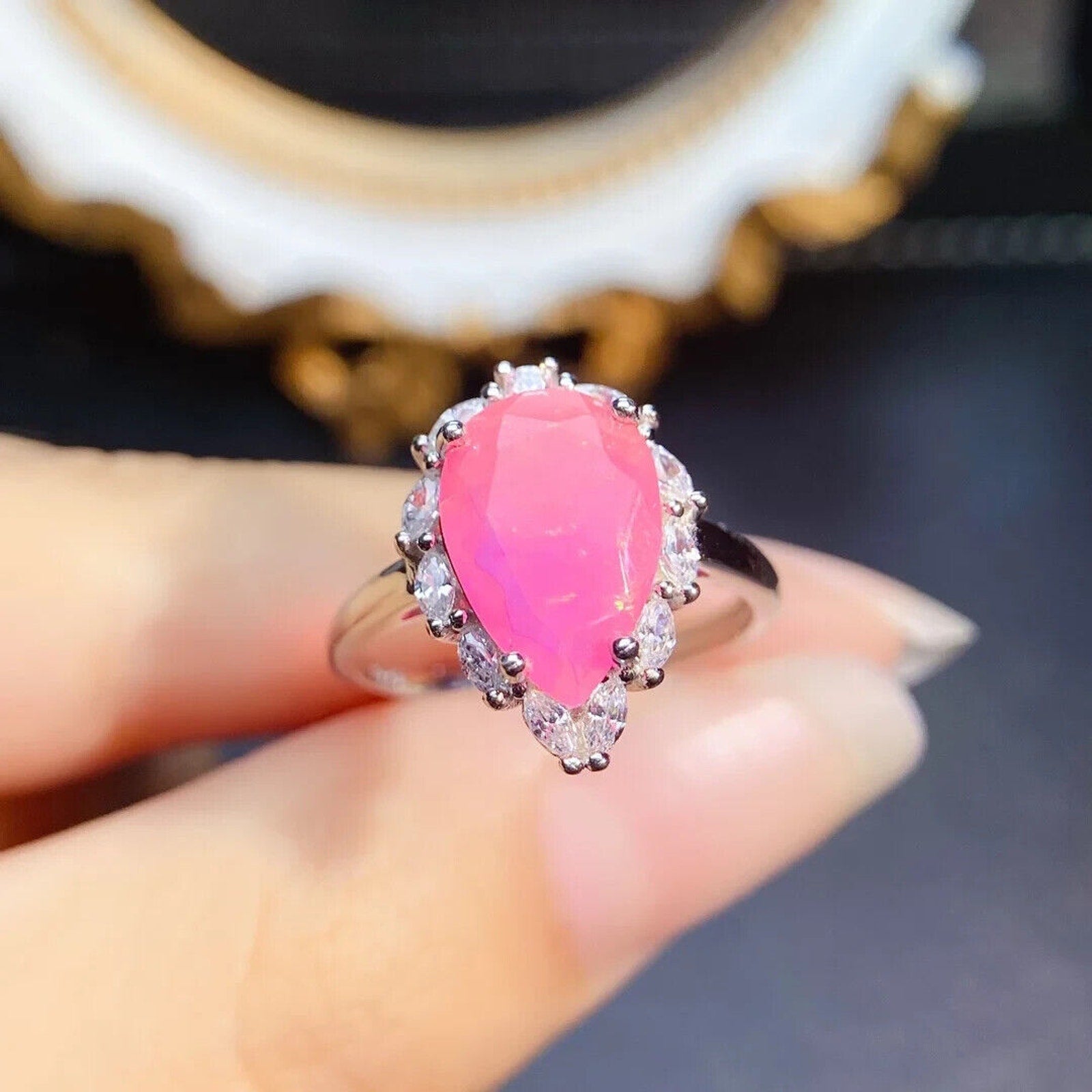 Pink Fire Opal Gemstone Ring 8x14mm, Natural Pear Cut Pink Fire Opal Ring