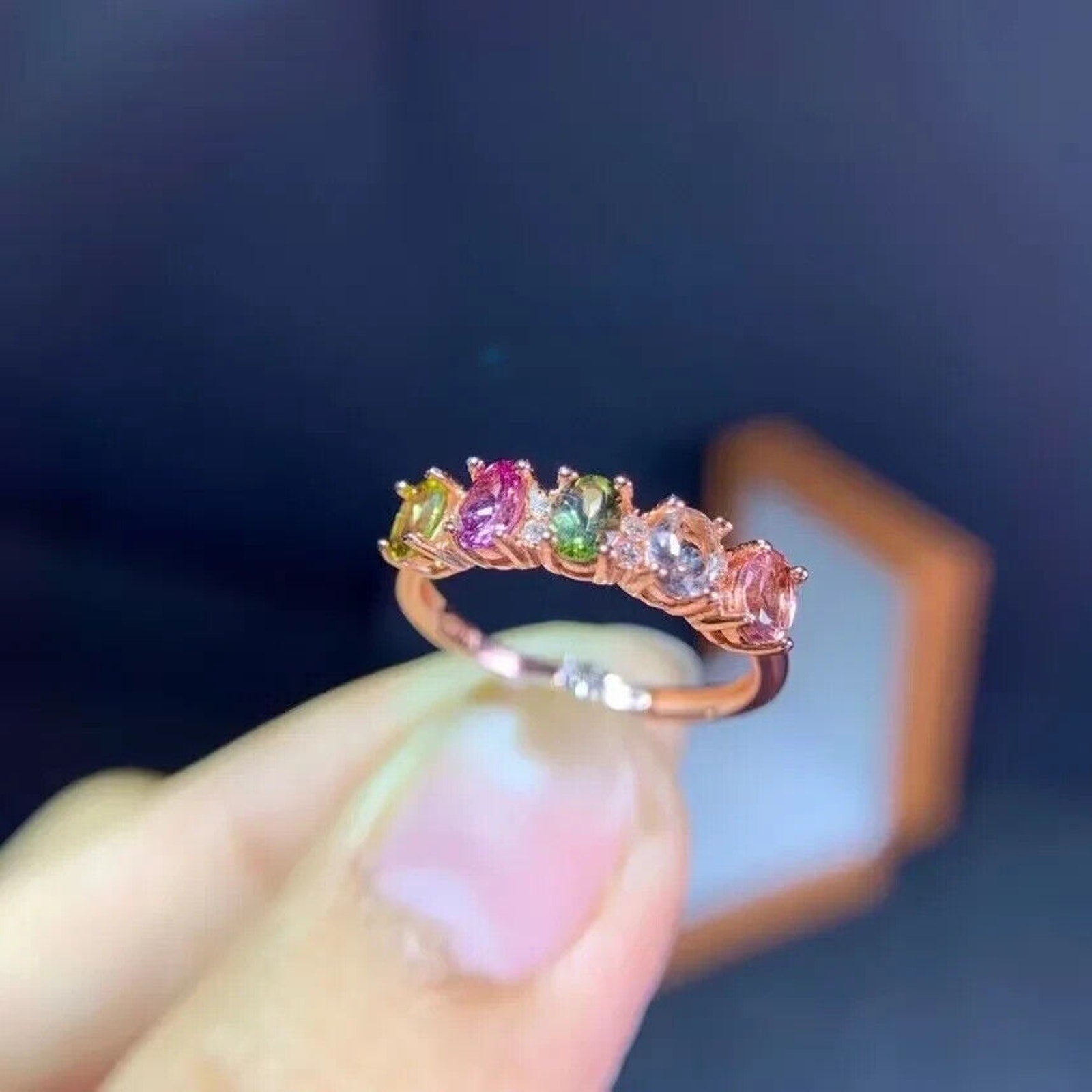 Dainty Tourmaline Gemstone Band Ring, Natural Multicolor Tourmaline Band Ring