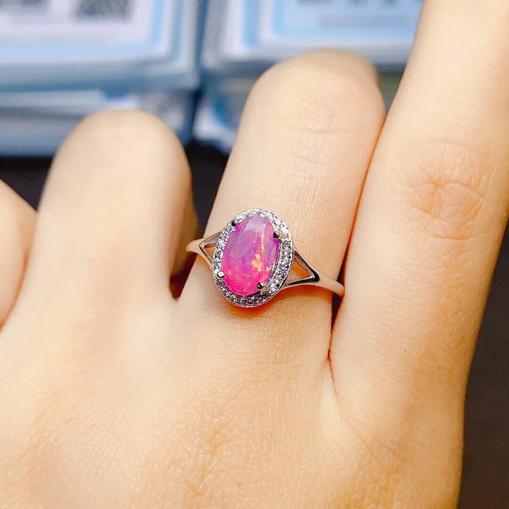 Natural Pink Fire Opal Cocktail Ring 6x9mm, Pink Opal Ring Sterling Silver