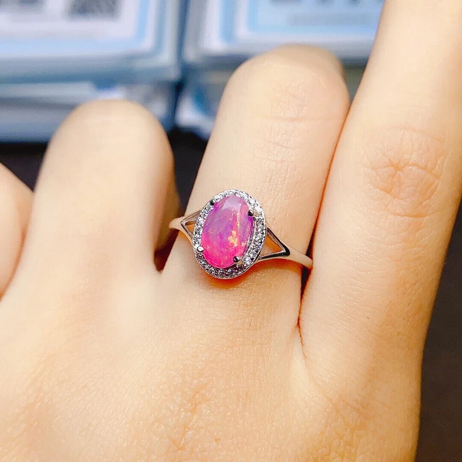 Natural Pink Fire Opal Cocktail Ring 6x9mm, Pink Opal Ring Sterling Silver