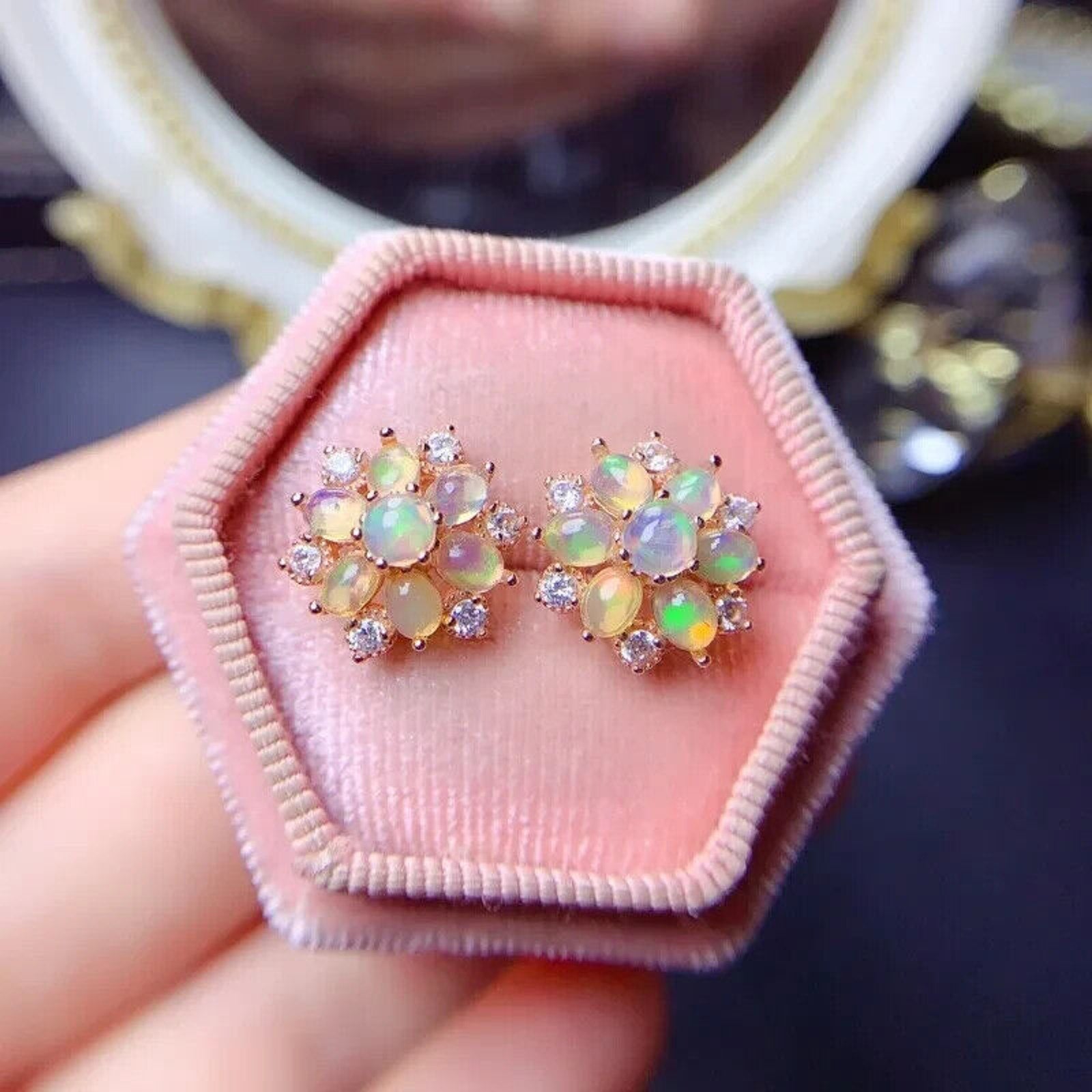 Fire Opal Cluster Stud Earrings, Natural Opal Earrings Sterling Silver Gold