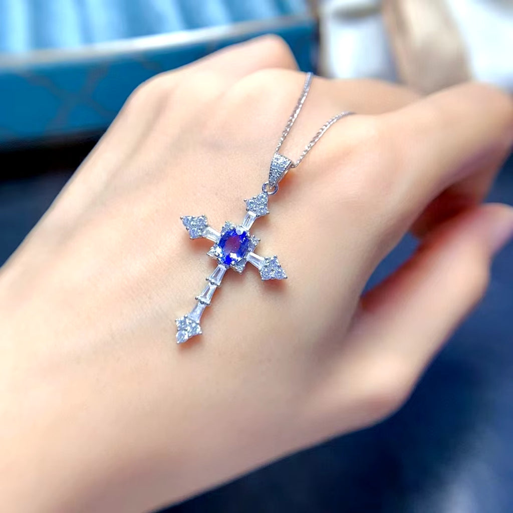 Purple Tanzanite Cross Pendant Necklace, Natural Tanzanite Cross Necklace 5x7mm