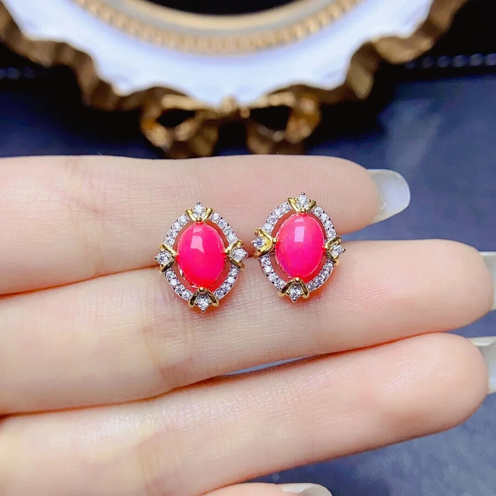 Pink Fire Opal Stud Earrings 6x8mm, Natural Pink Opal Earrings Sterling Silver