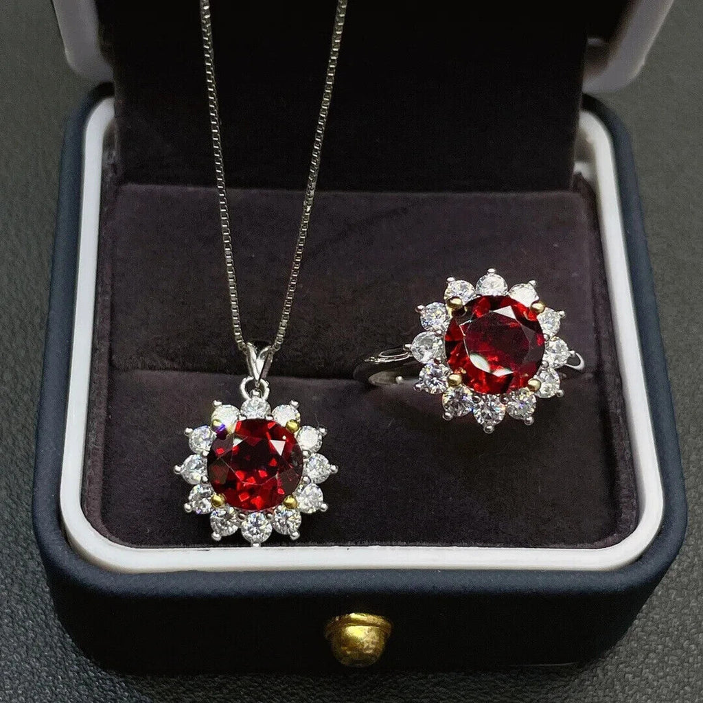 Women's Red Garnet Jewelry Set, Natural Red Garnet Necklace and Pendant Set