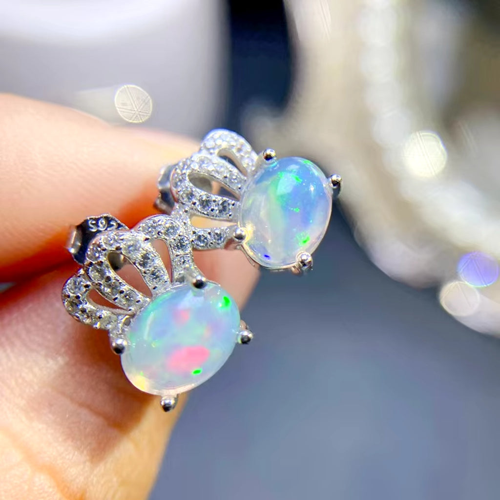 Natural Fire Opal Earrings, Fire Opal Crown Earrings 925 Sterling Silver 5x7mm
