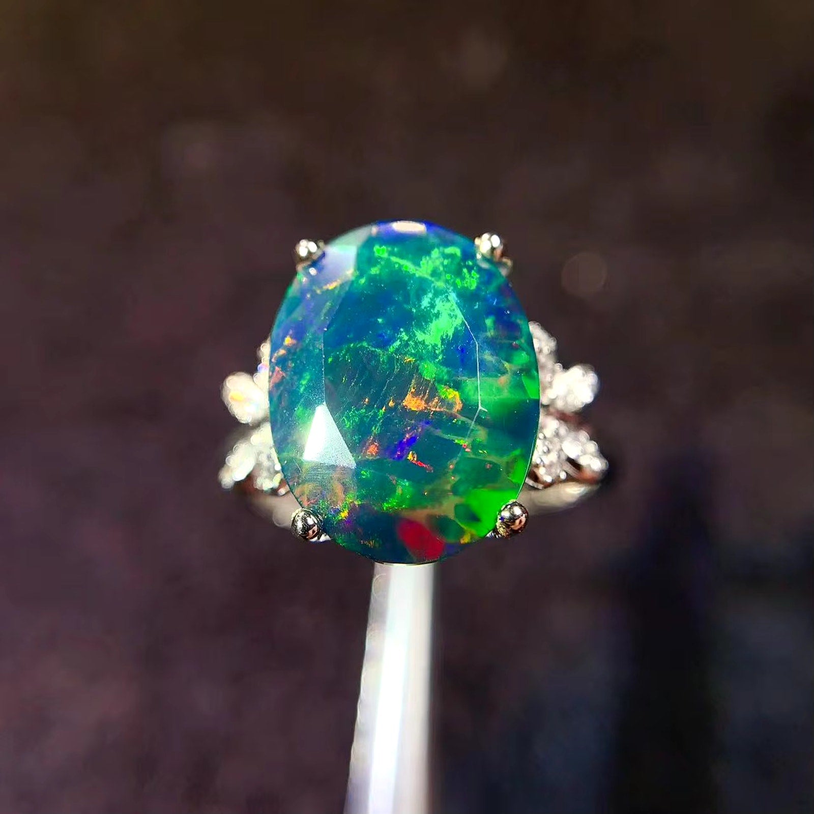 Black Fire Opal Statement Ring, Australian Fire Opal Ring Sterling Silver