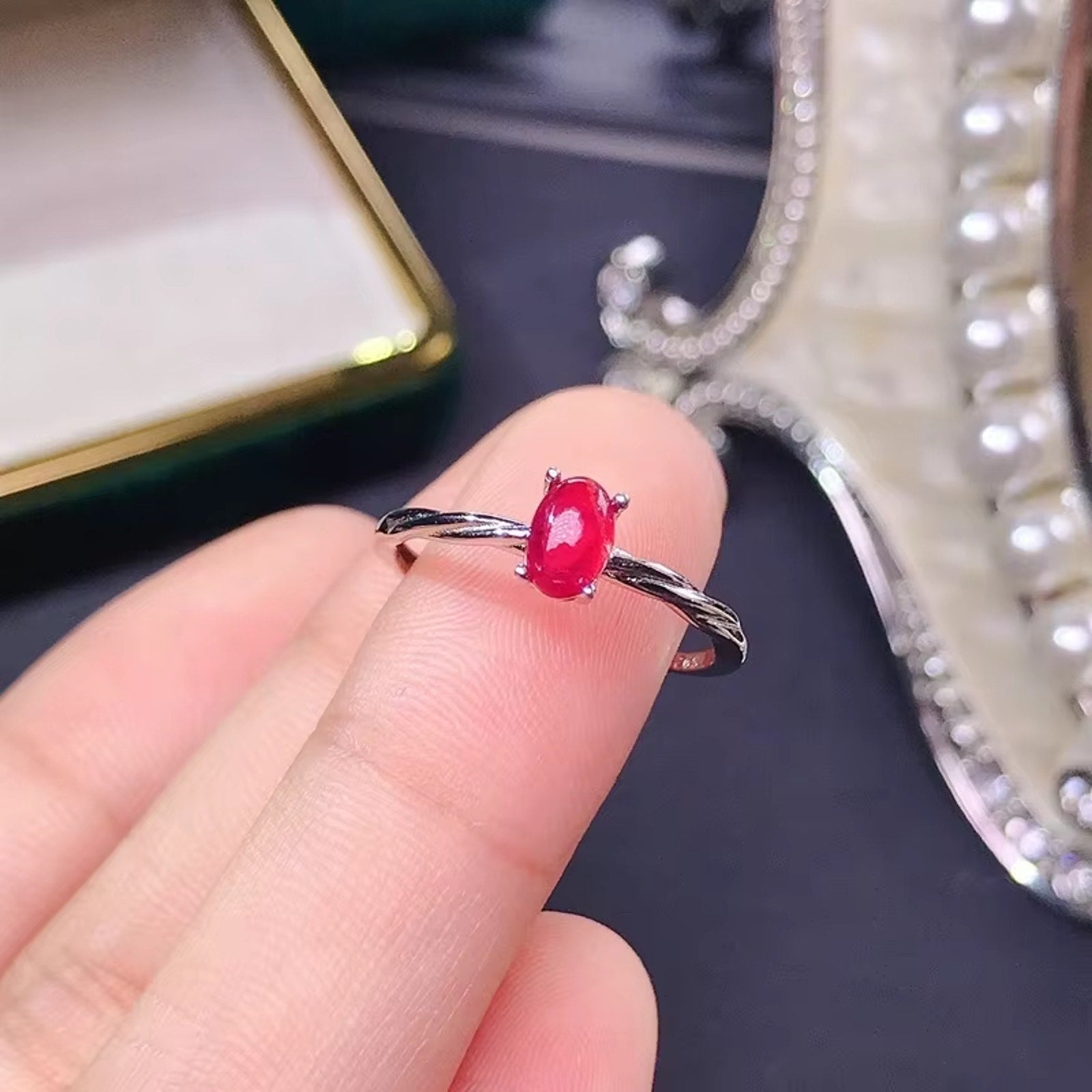 Natural Mozambique Ruby Ring 4x6mm Platinum Plated 925 Sterling Silver