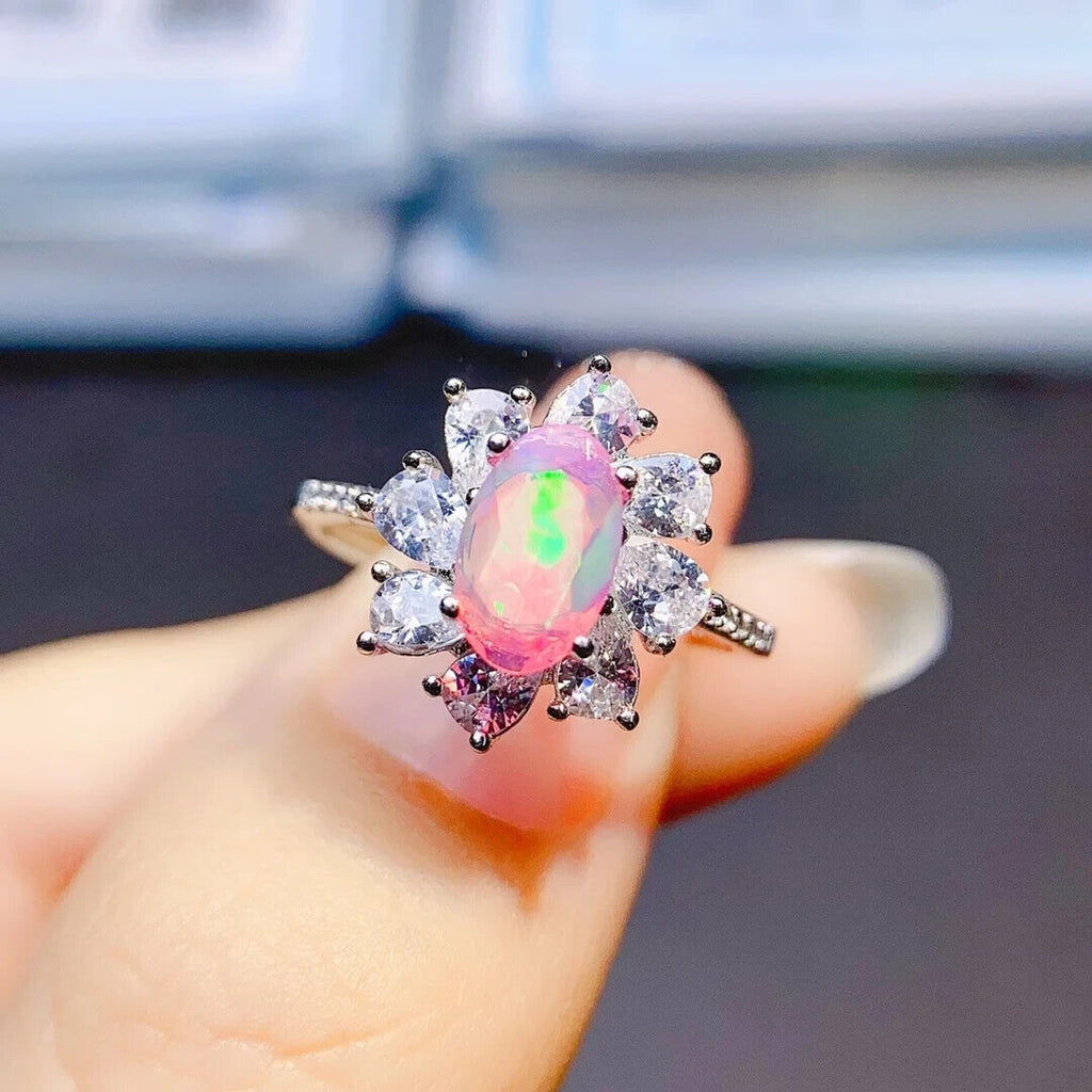 Pink Fire Opal Cluster Ring 5x8mm, Natural Pink Fire Opal Ring 925 Sterling