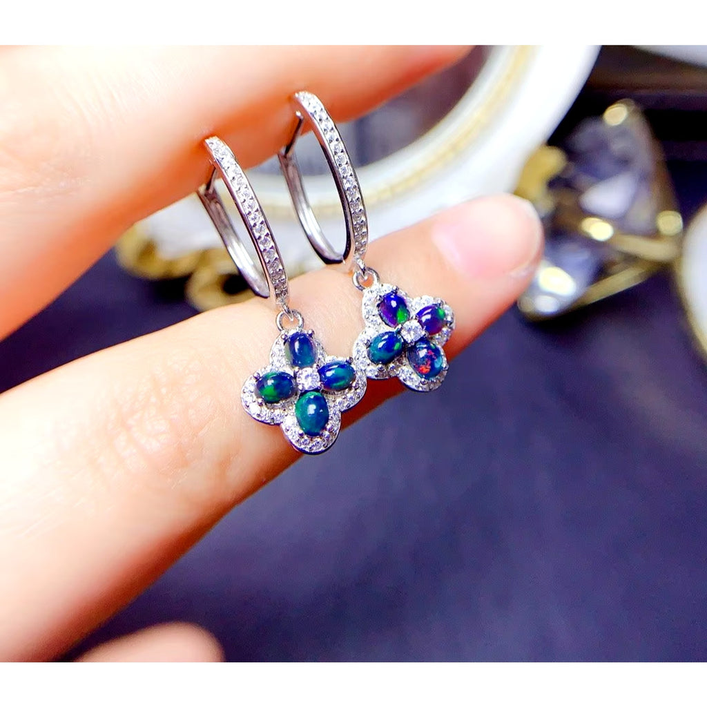 Black Fire Opal Hoop Earrings, Colorful Fire Opal Earrings 925 Sterling Silver