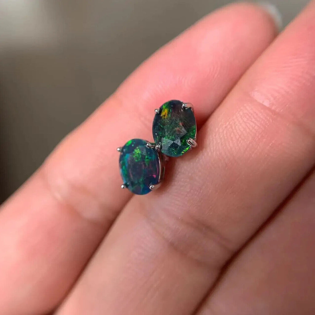 Faceted Black Fire Opal Stud Earrings 7x9mm, Natural Fire Opal Stud Earrings