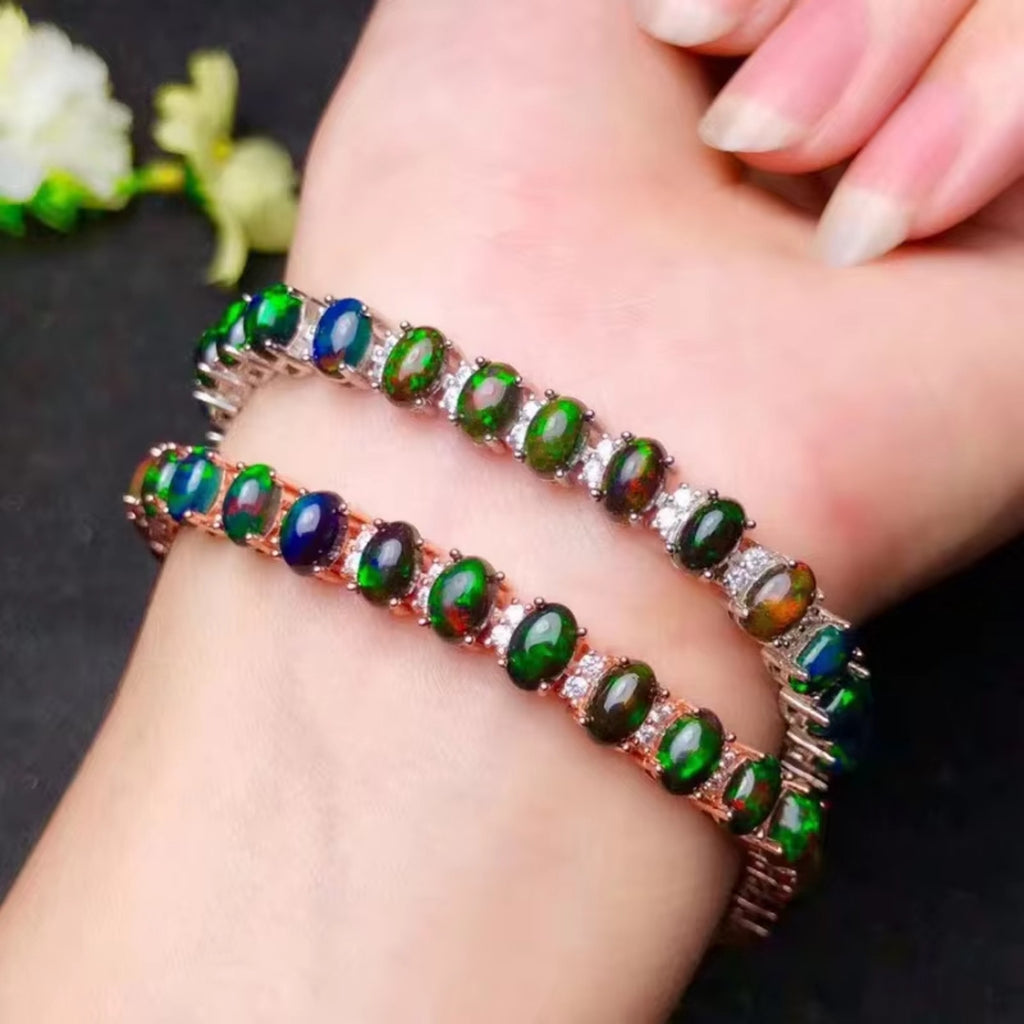Natural Fire Opal Tennis Bracelet, Colorful Black Opal Bracelet 925 Sterling