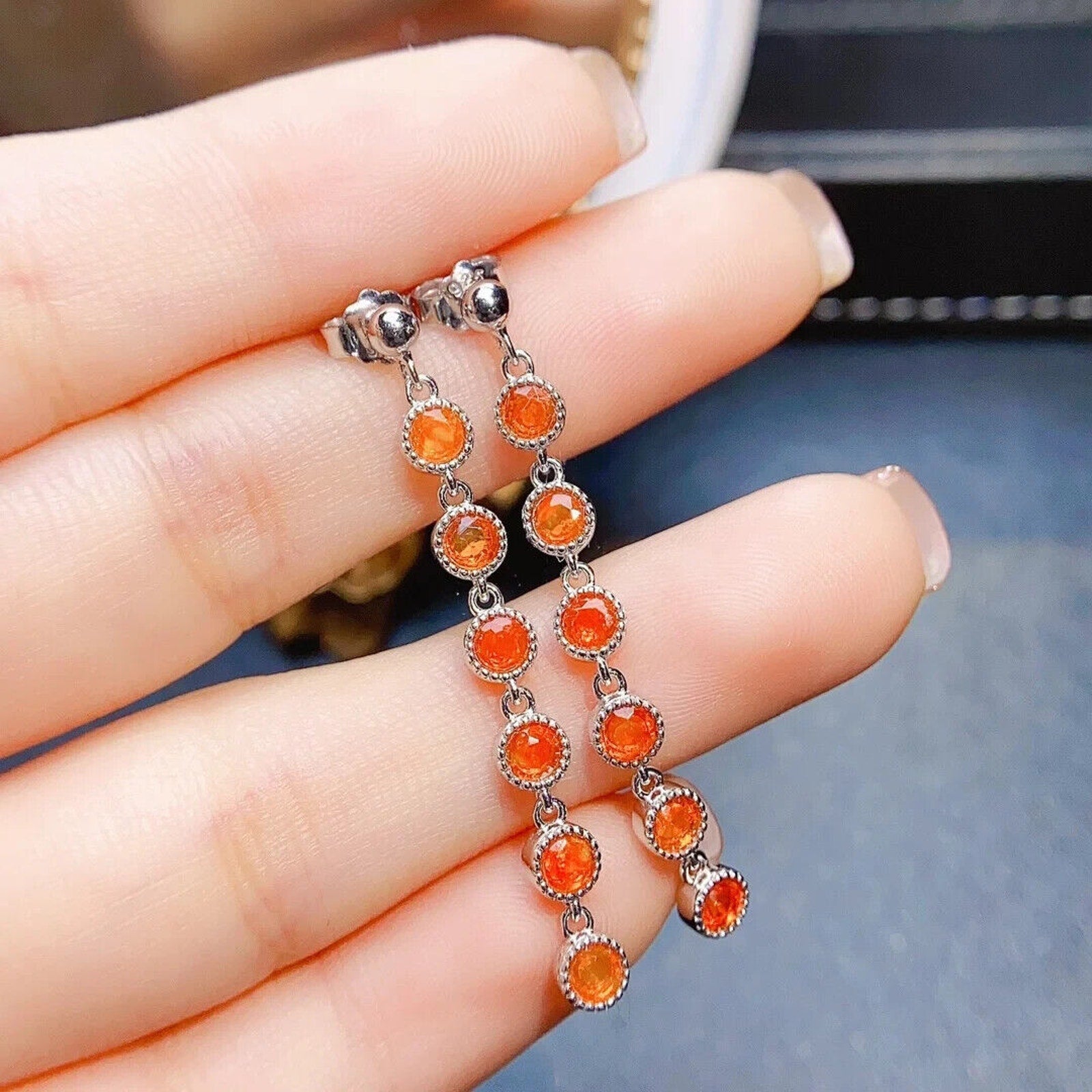 Orange Fire Opal Long Dangle Earrings, Colorful Orange Opal Dangle Earrings