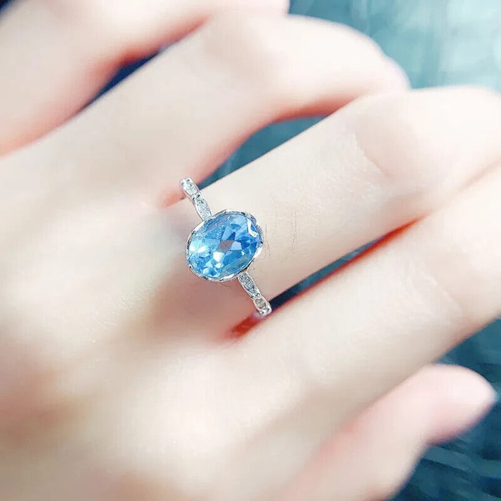 Swiss Blue Topaz Gemstone Ring, Natural Blue Topaz Ring 6x8mm 1.6CT 925 Sterling