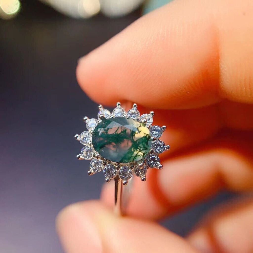 6x8mm Moss Agate Cocktail Ring 925 Sterling Silver