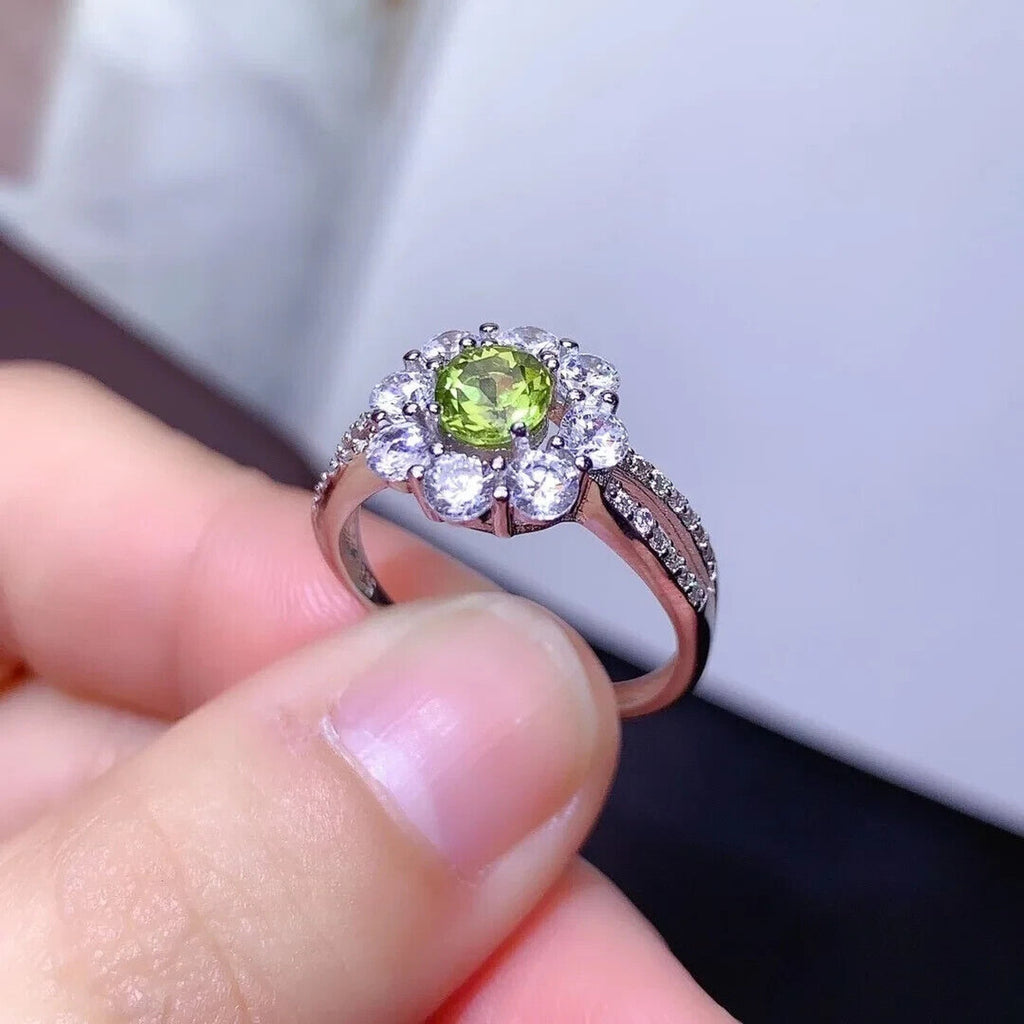 Peridot Birthstone Flower Ring, Natural Peridot Rings 925 Sterling Silver