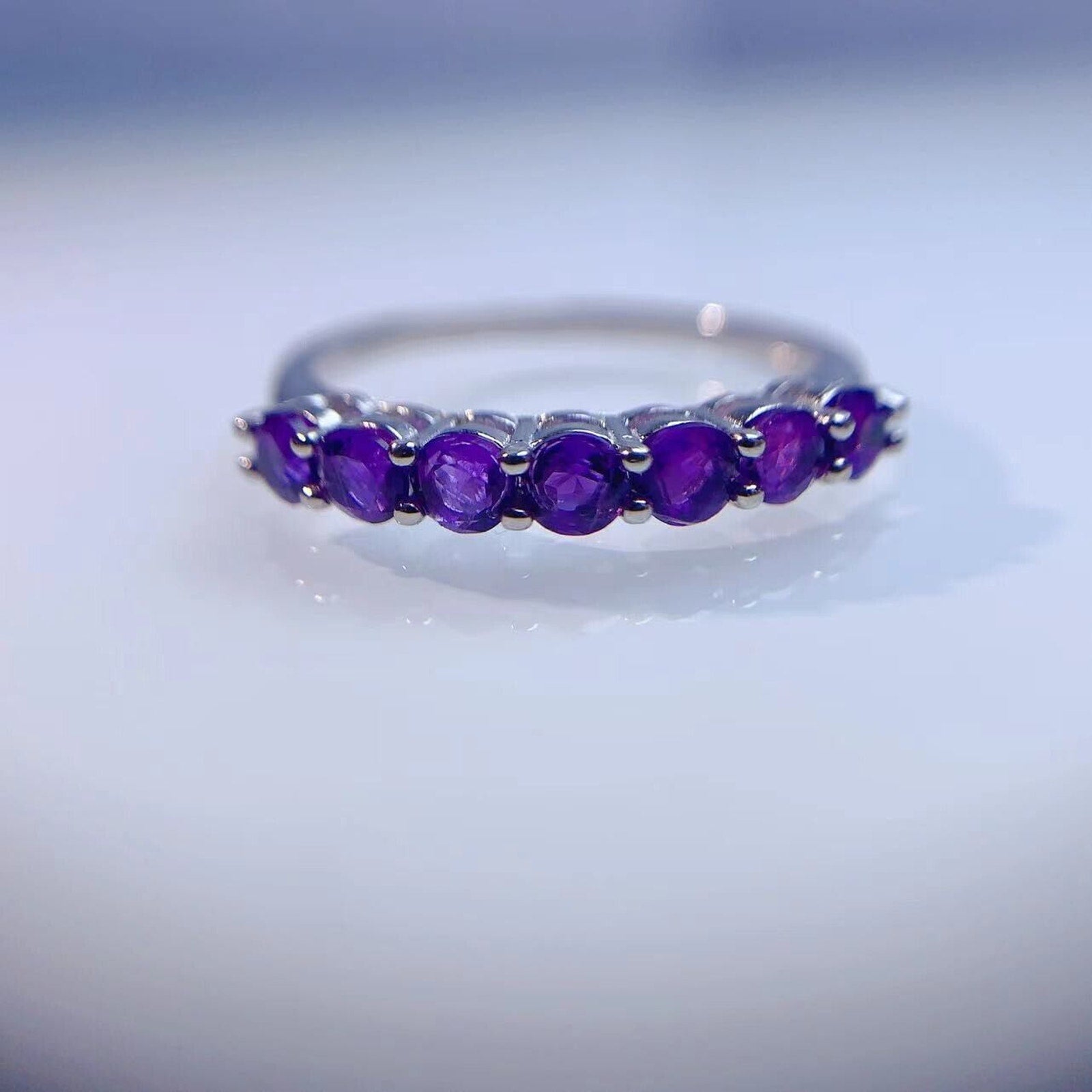 Natural Amethyst Band Ring, Women's Amethyst Stackable Ring Sterling Silver