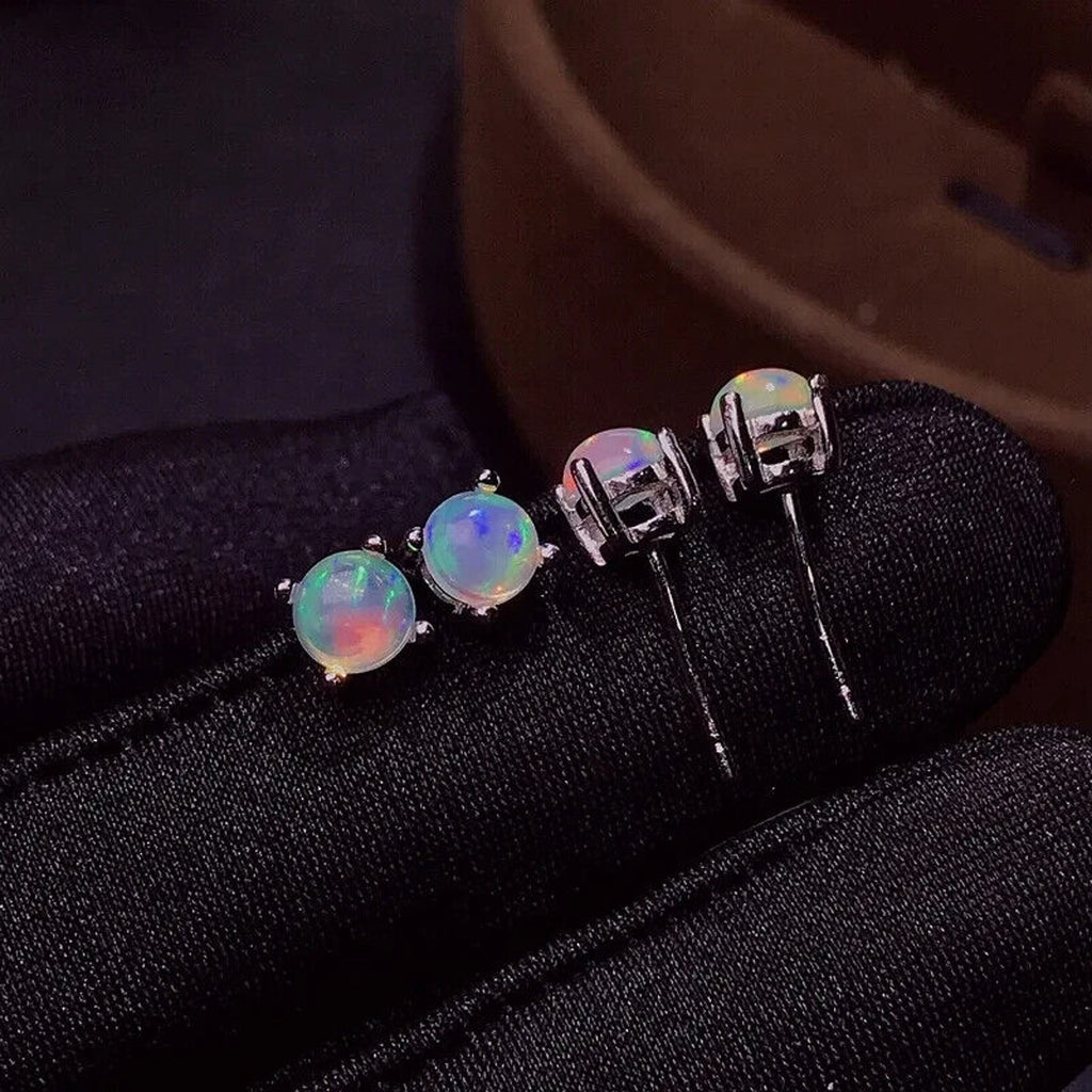 White Fire Opal Stud Earrings, Natural Opal 5x5mm Stud Earrings Sterling Silver