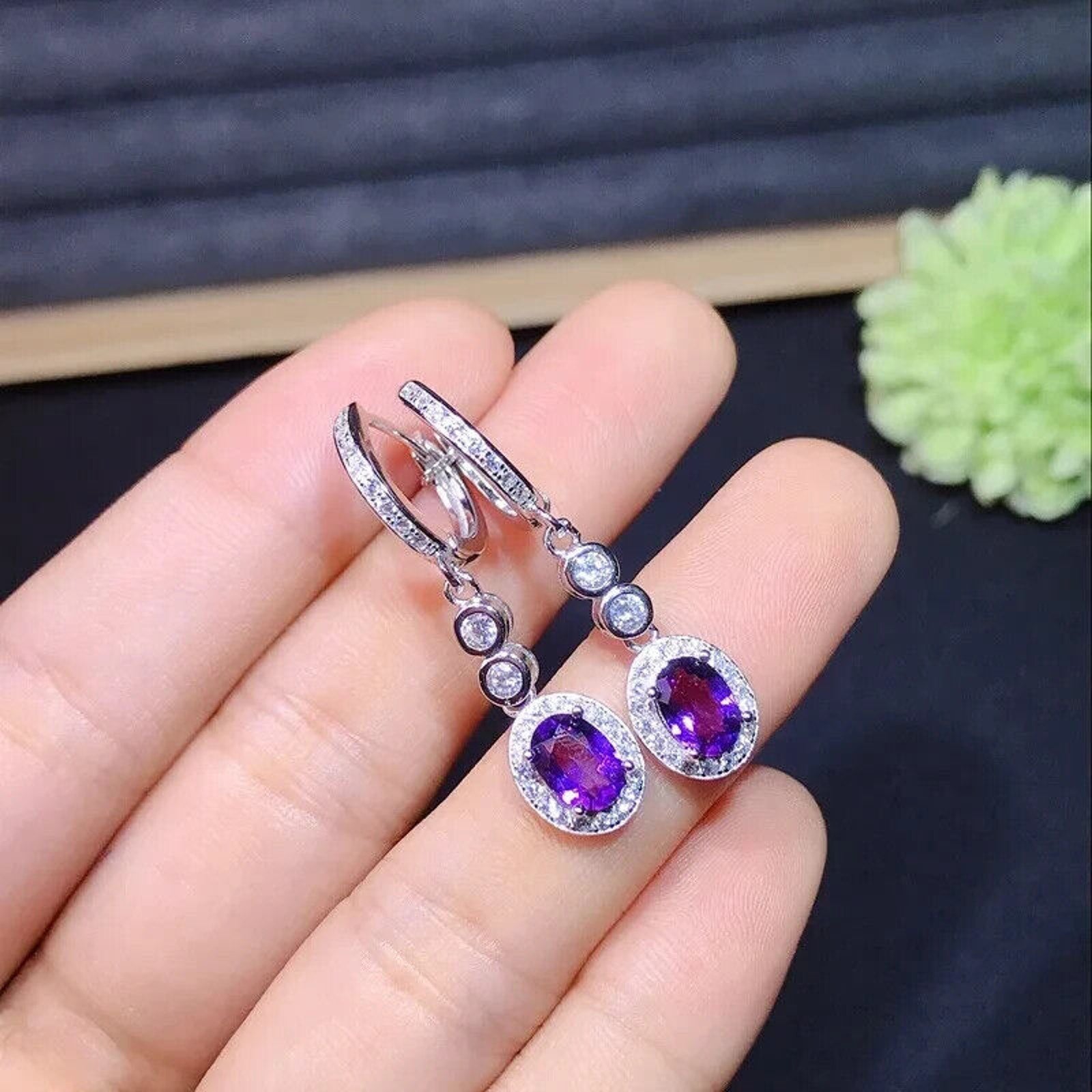 Purple Amethyst Long Dangle Earrings, Natural Purple Amethyst Long Earrings