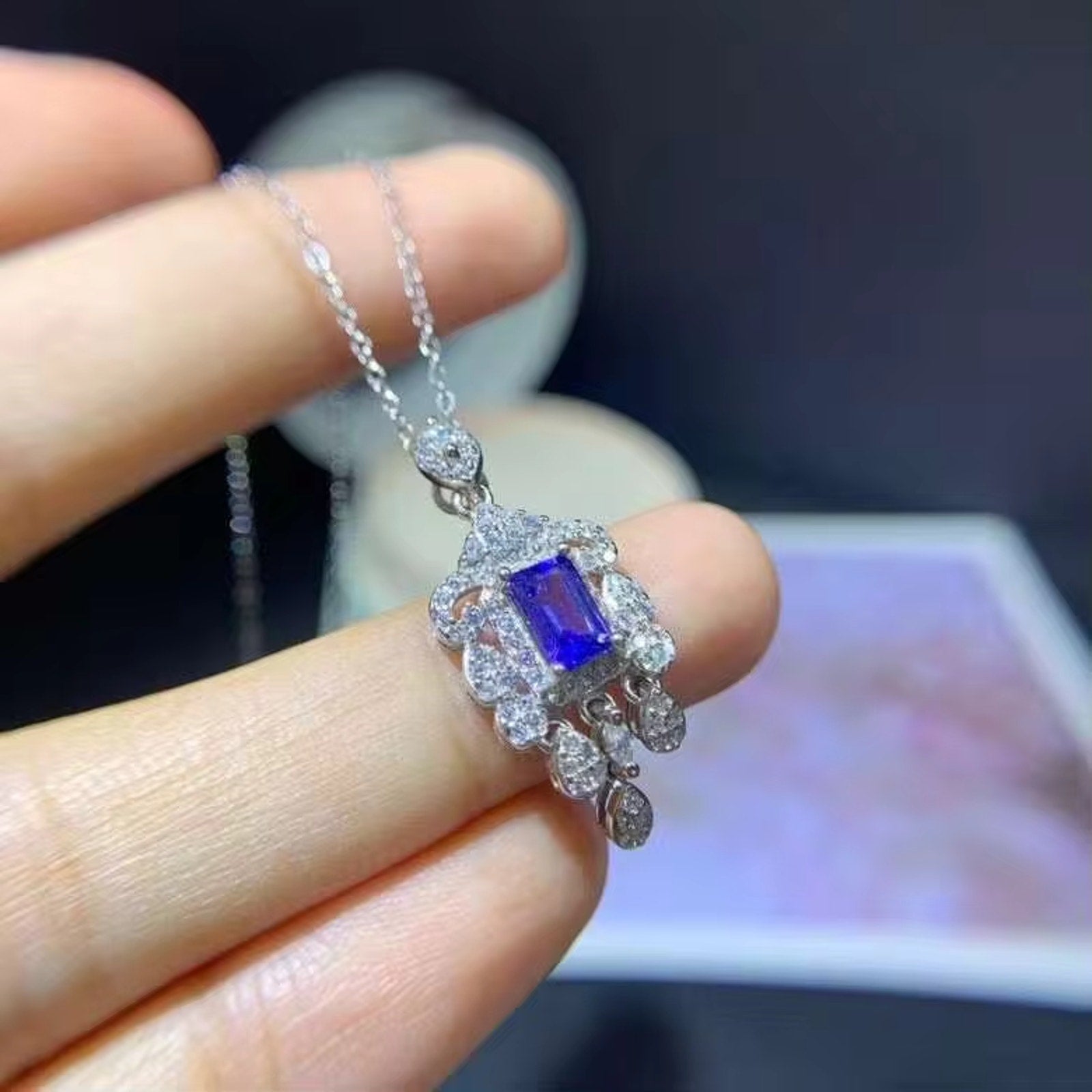 Tanzanite Pendant Necklace, Natural Purple Tanzanite Gemstone Necklace 4x6mm