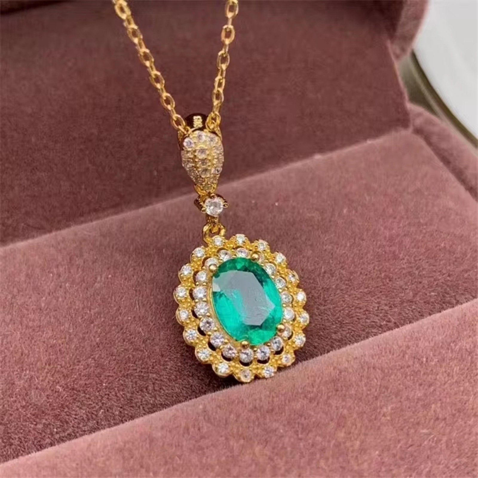 Natural Emerald Pendant Necklace, Genuine Mined Emerald Necklace 6x8mm