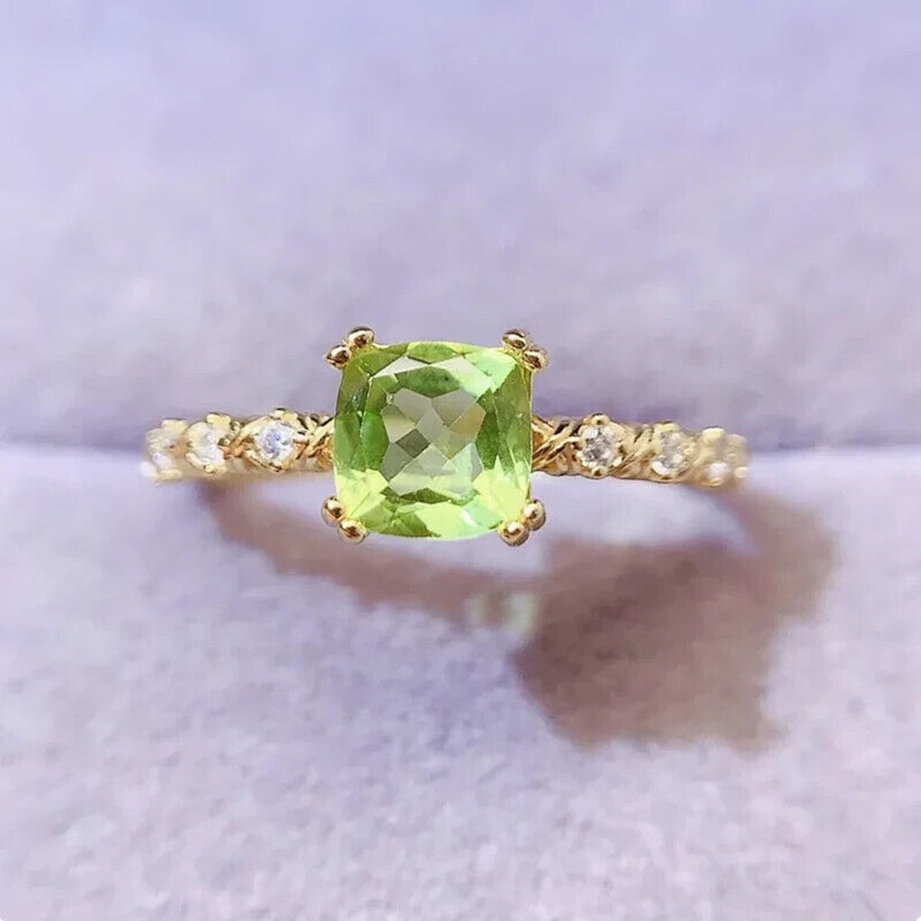 Natural Peridot Cushion Cut Gemstone Ring 6mm, August Birthstone Peridot Ring
