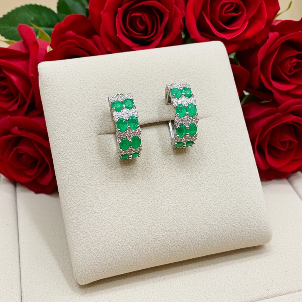 Natural Emerald Clip Earrings 3x4mm Platinum Plated Silver