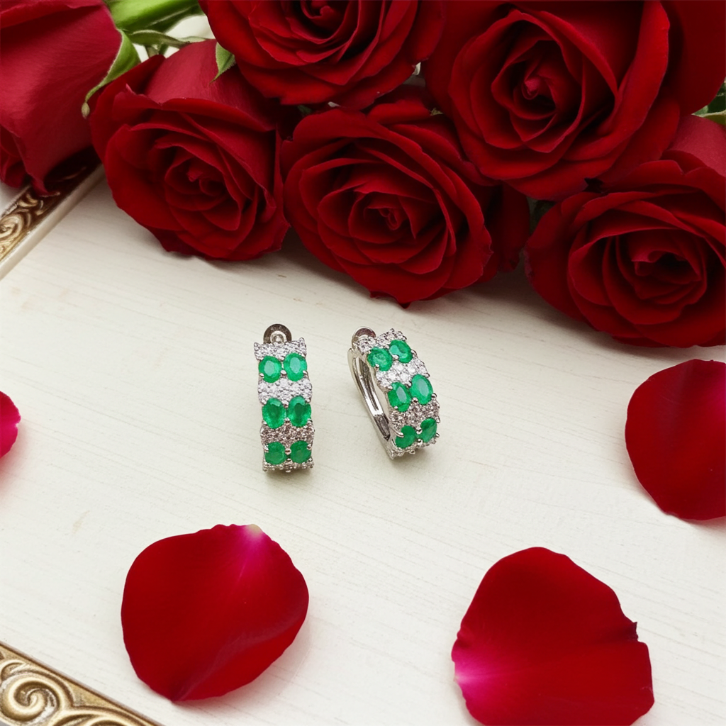 Natural Emerald Clip Earrings 3x4mm Platinum Plated Silver