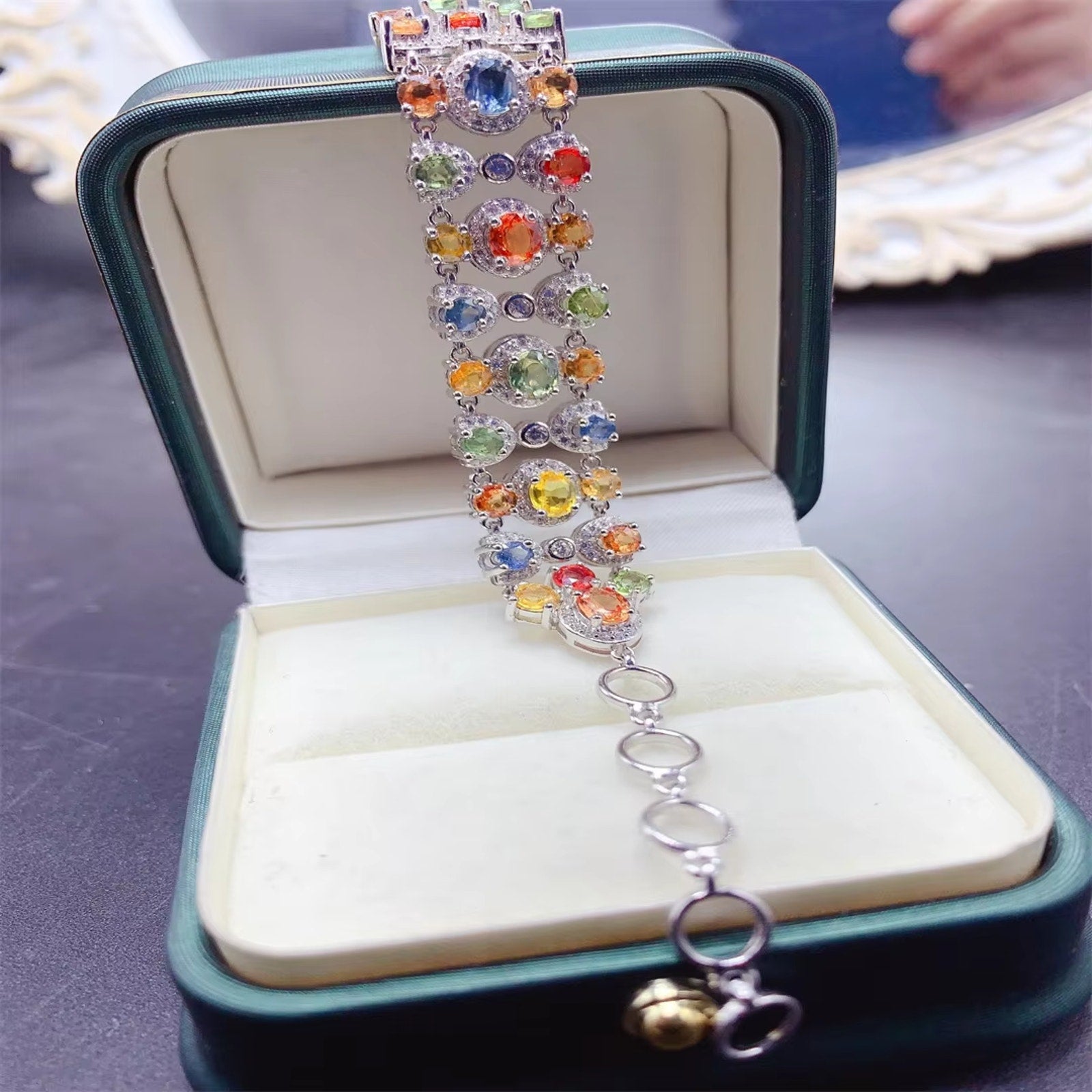 Colorful Sapphire Gemstone Tennis Bracelet, Natural Sapphire Bracelet Silver