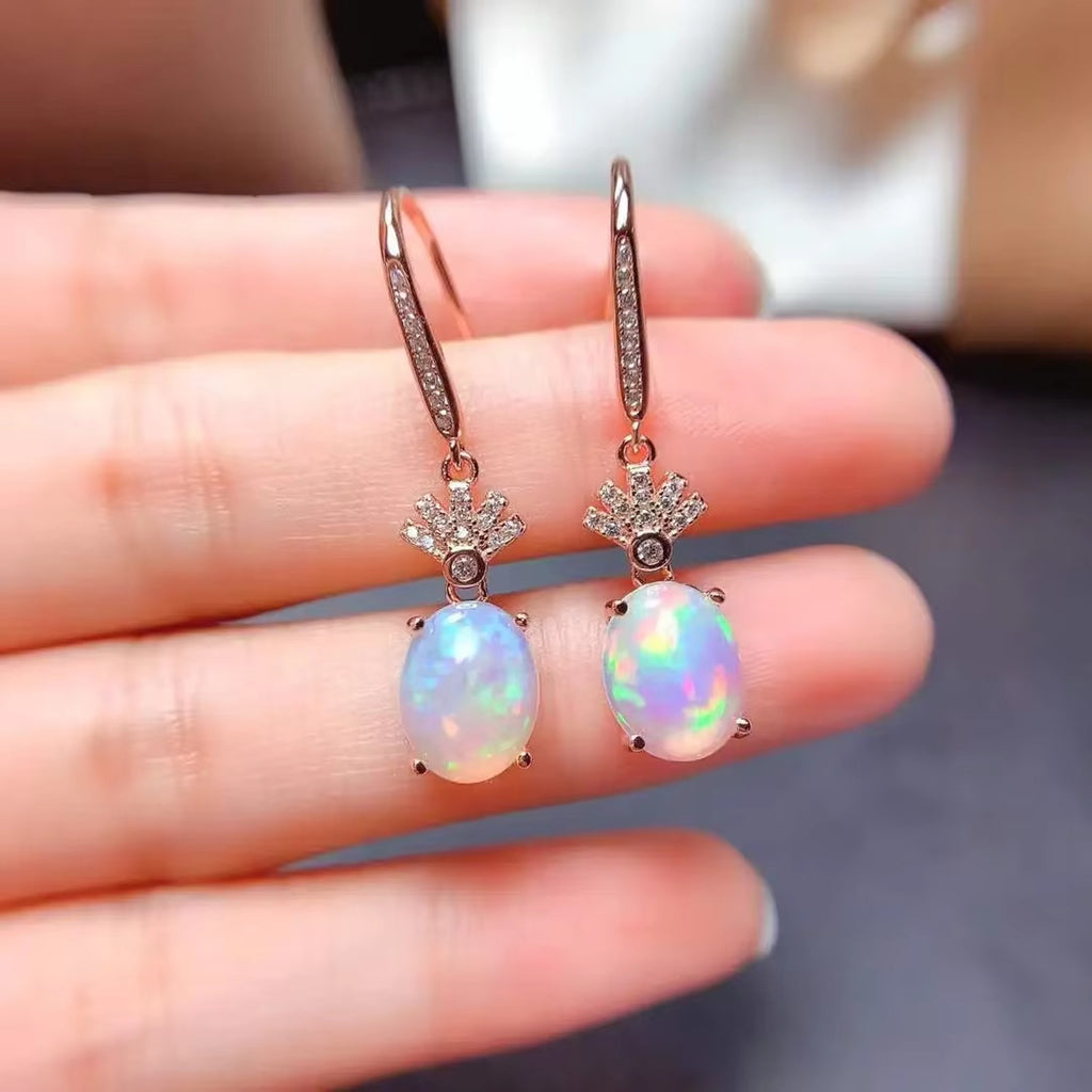 Natural Fire Opal Earrings 6x8mm Sterling Silver