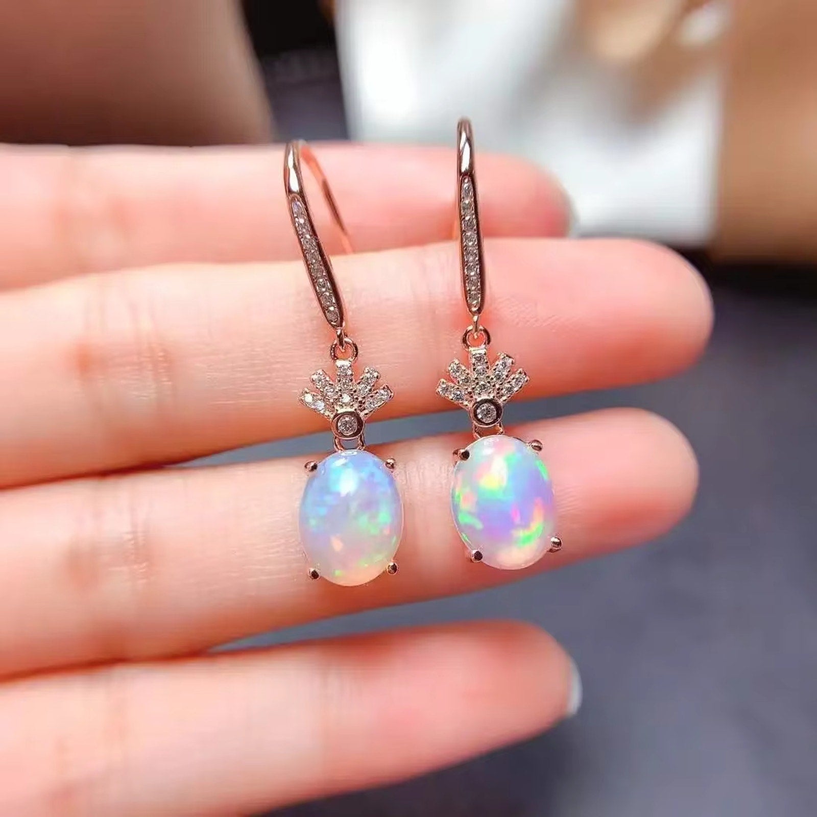 Natural Fire Opal Earrings 6x8mm Sterling Silver