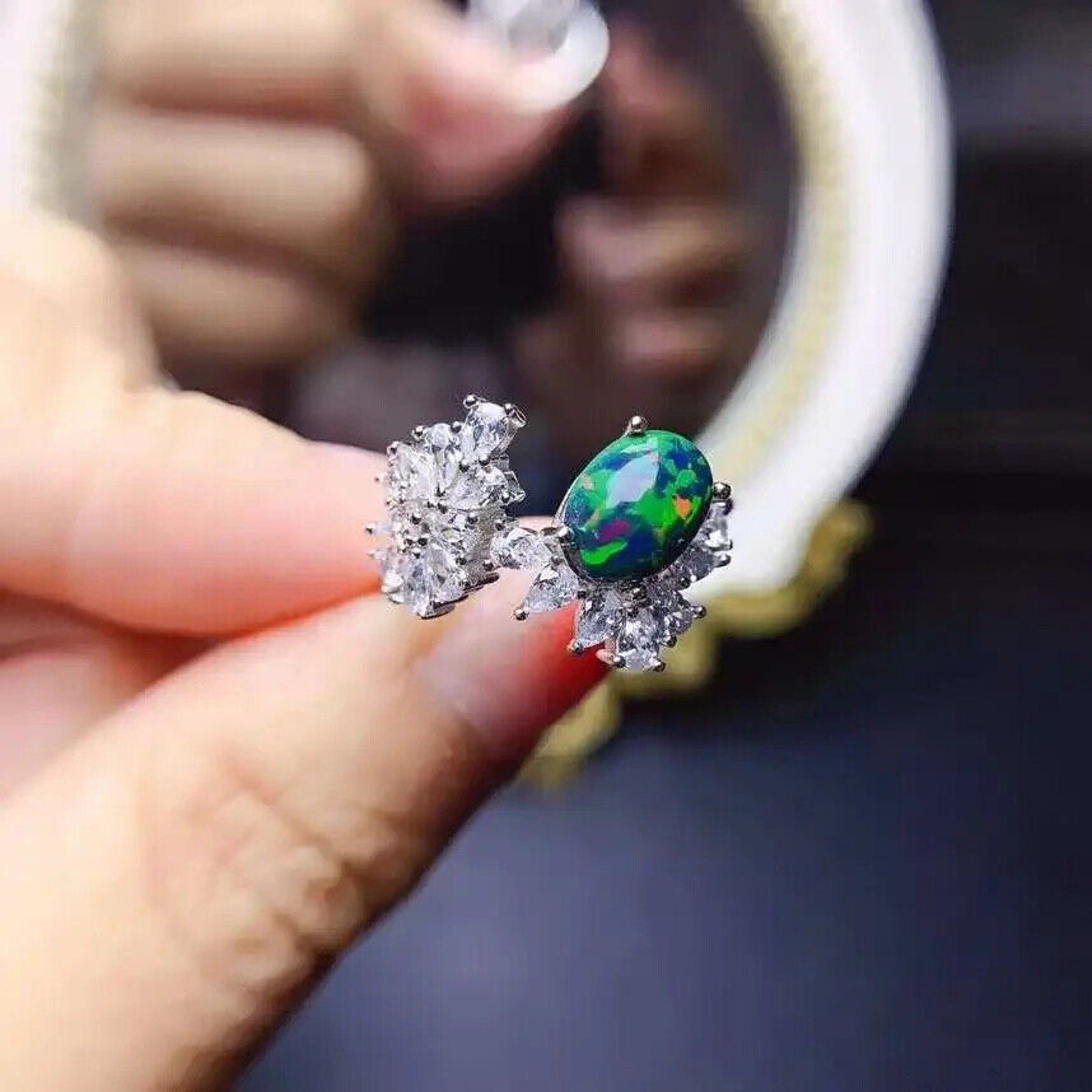 Black Fire Opal and Crystal Cocktail Ring, Natural Fire Opal Cluster Ring