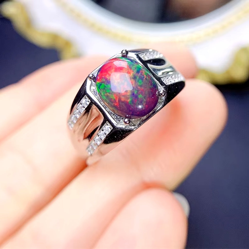 Men's Fire Opal Statement Ring, Black Fire Opal Ring Sterling Silver 7x9mm