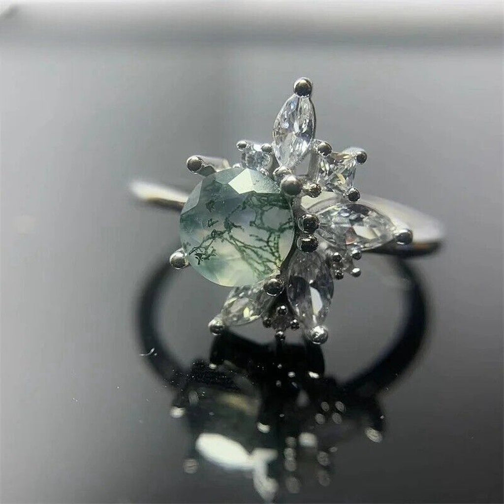 Moss Agate Cluster Ring, Natural Moss Agate Cocktail Ring, Green Moss Agate