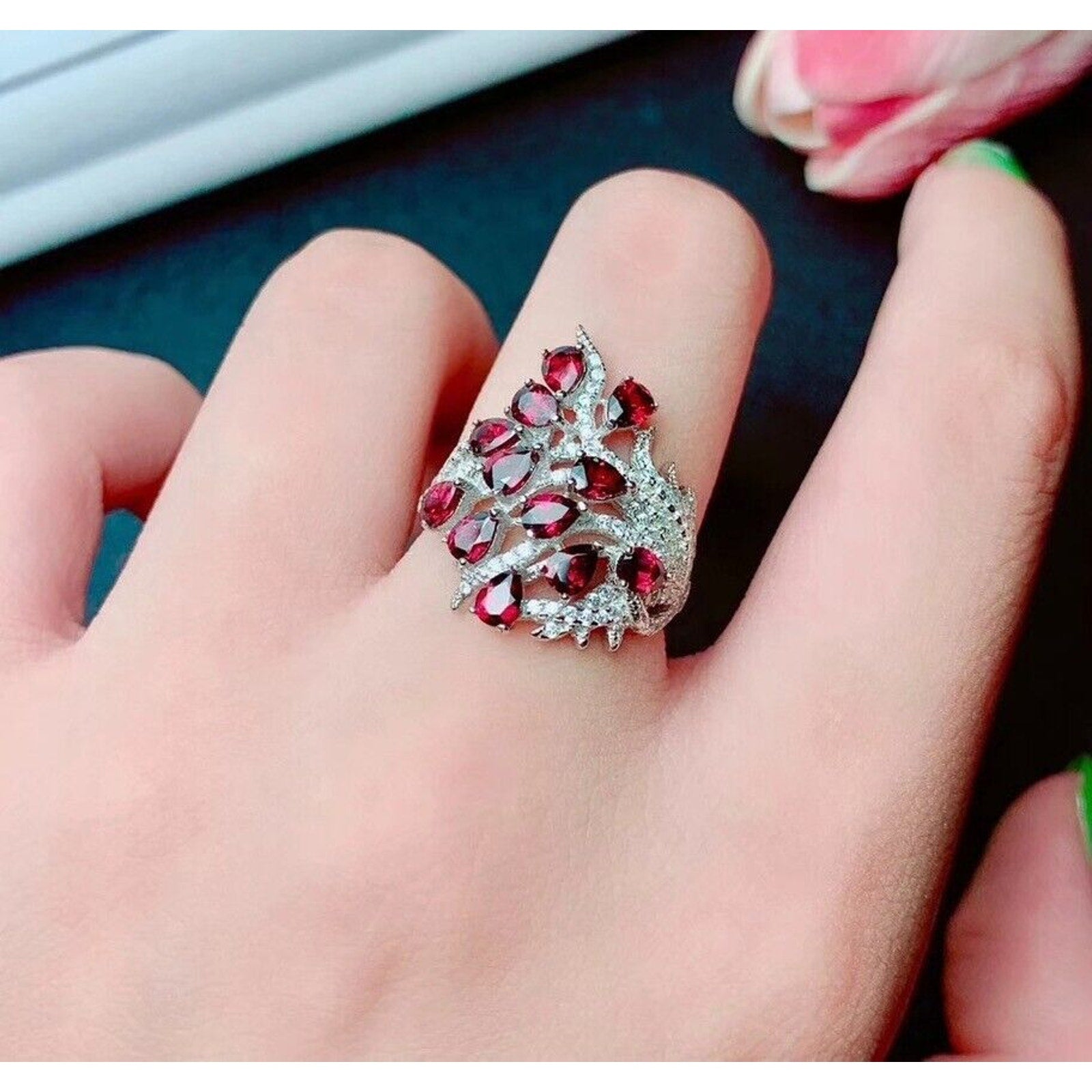 Red Garnet Full Finger Statement Ring, Natural Red Garnet Cluster Ring