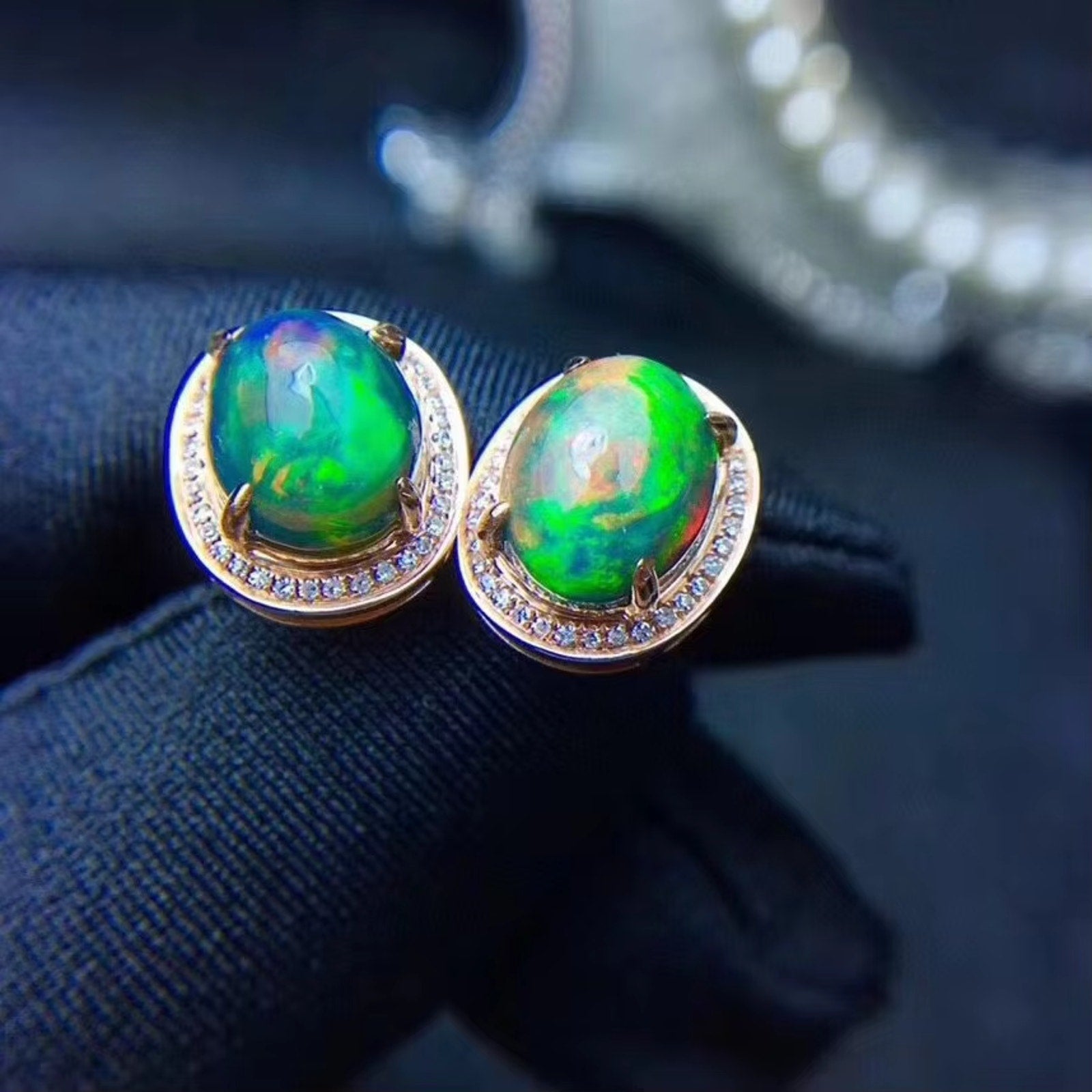 Black Fire Opal Stud Earrings, Natural Fire Opal Earrings 925 Sterling Silver