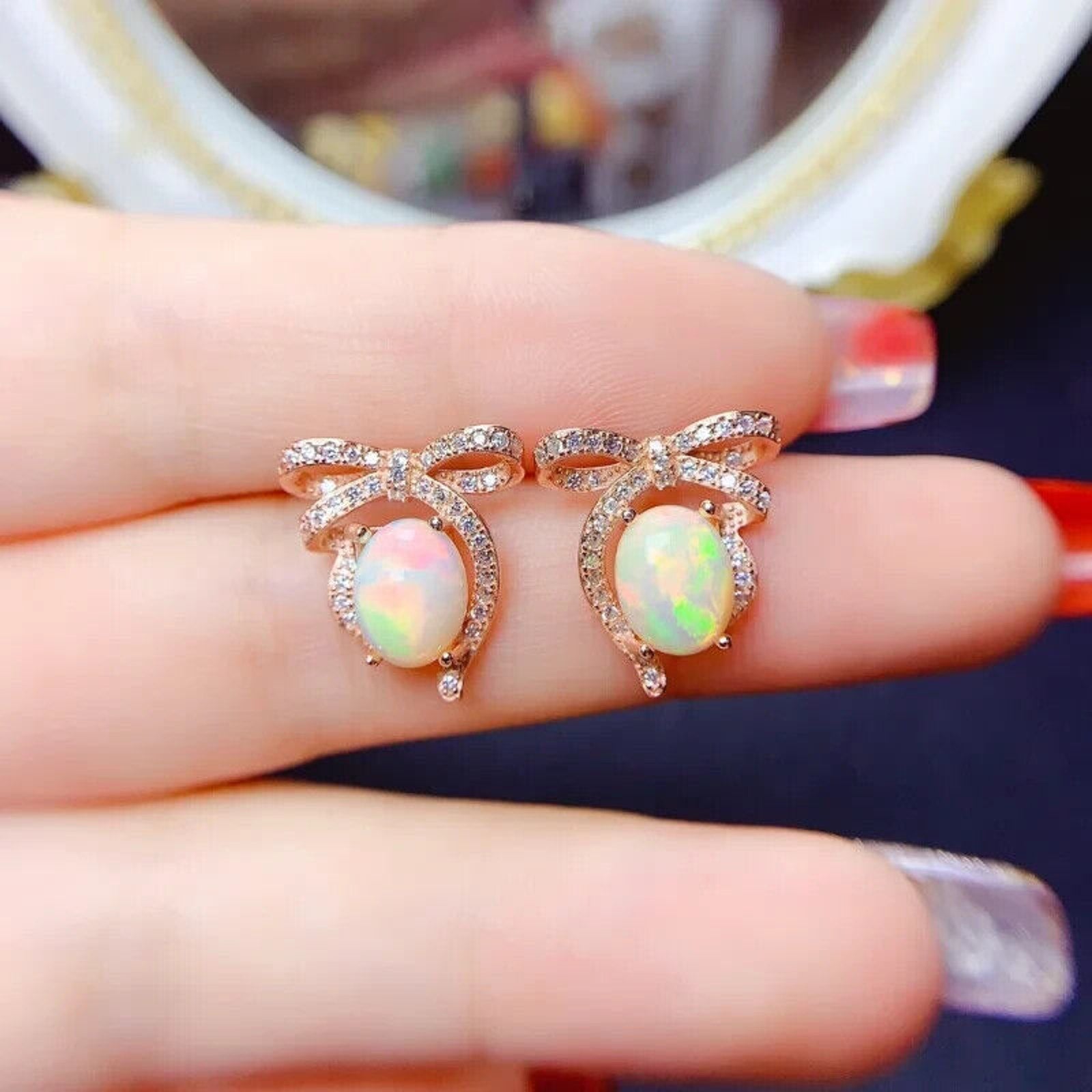 Large Fire Opal Bow Tie Stud Earrings, Natural Fire Opal Stud Earrings 7x9mm