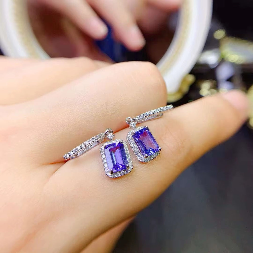 VVS Grade Purple Tanzanite Hoop Dangle Earrings 5x7mm Emerald Cut Tanzanite