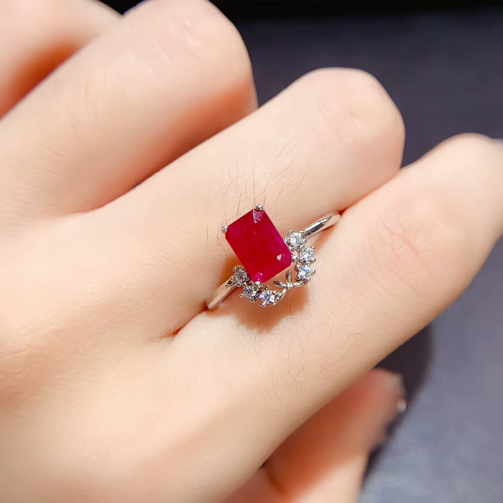 Genuine Ruby Emerald Cut Ring 1 Ct Sterling Silver, Natural Ruby Ring