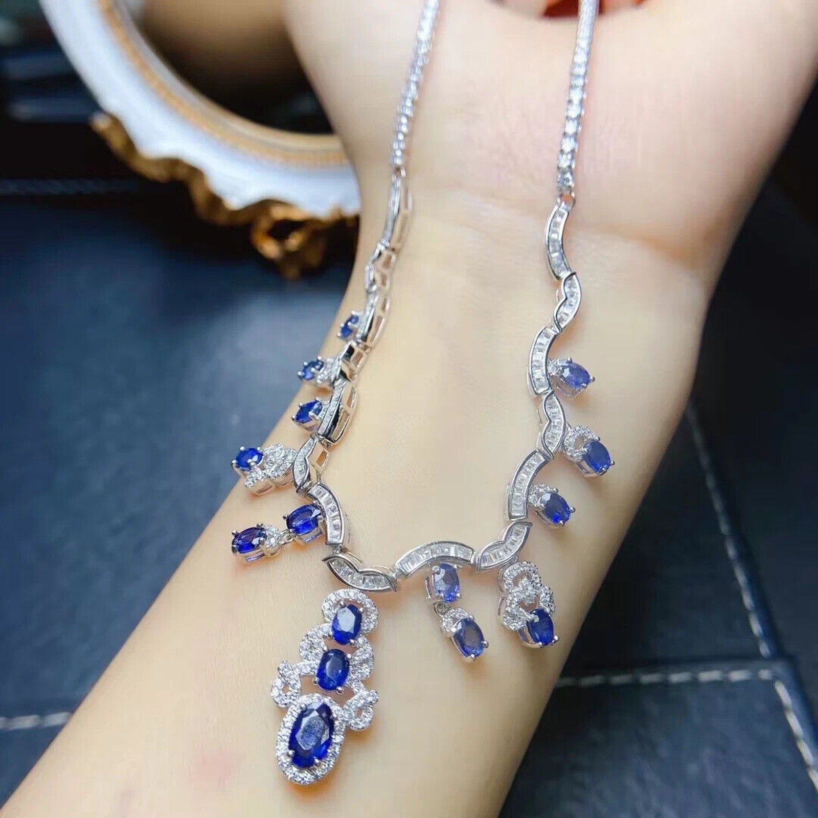 Bright Blue Sapphire Statement Necklace, Natural Sapphire Bib Necklace 925 Silver