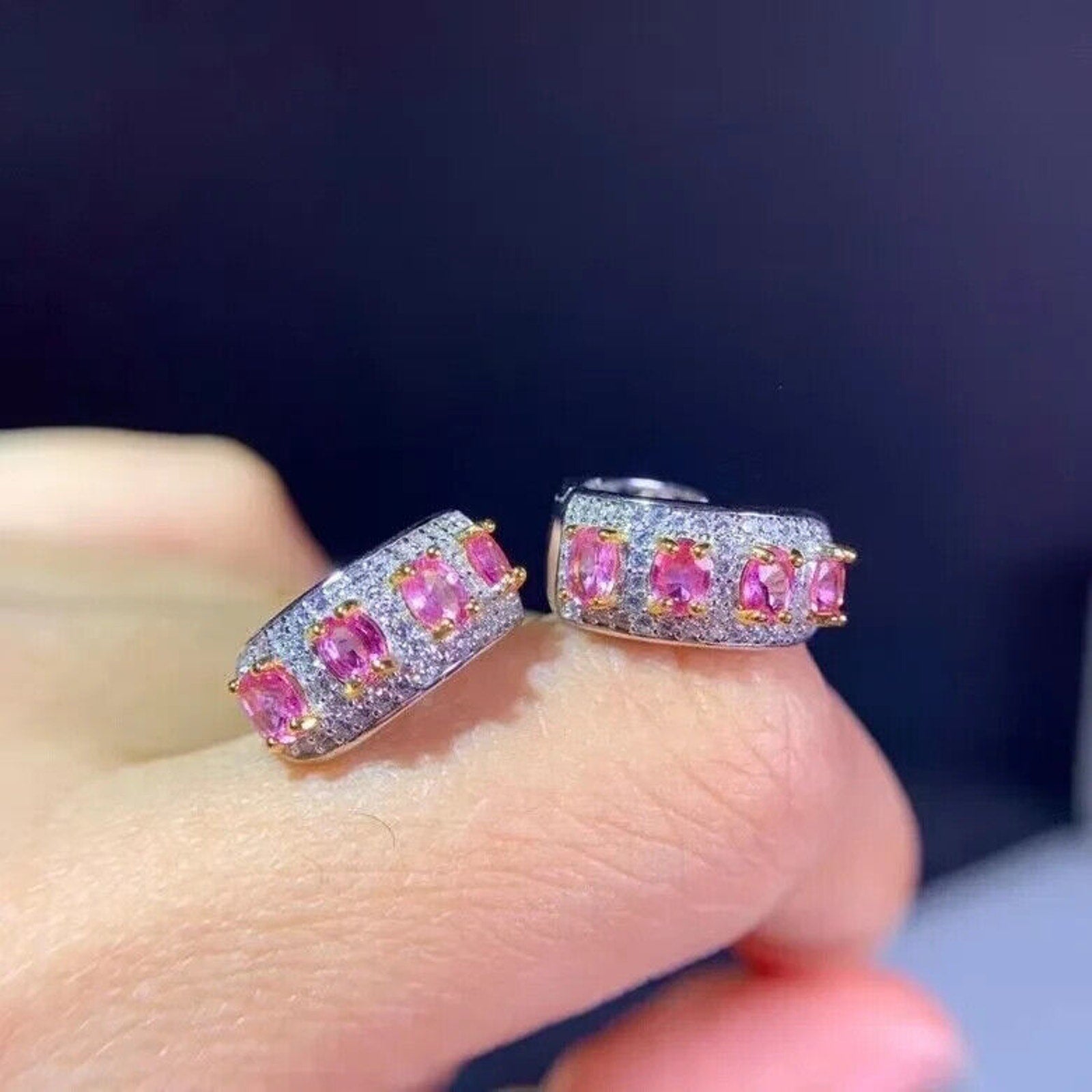 Natural Pink Topaz Sterling Silver Hoop Earrings, Pink Topaz Hoop Earrings