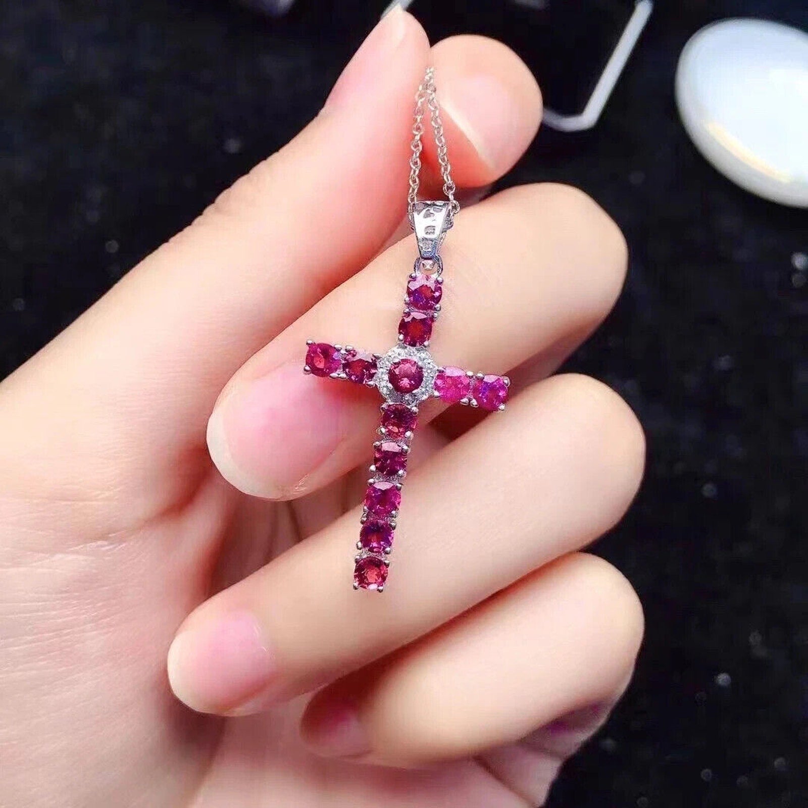 Natural Pink Tourmaline Cross Necklace, Gemstone Cross Necklace 925 Sterling