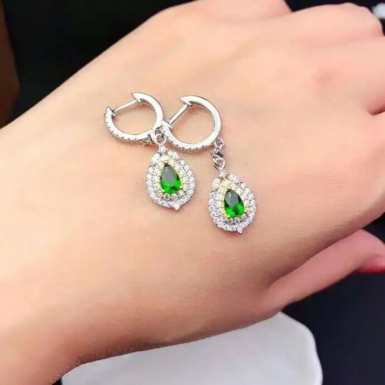 Chrome Diopside Pear Cut Dangle Hoop Earrings, Natural Diopside Earrings