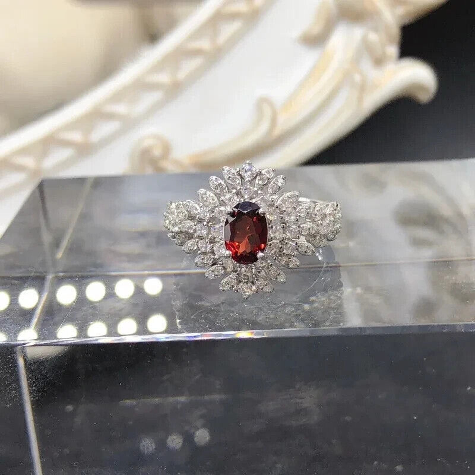 Red Garnet Cluster Statement Ring, Dazzing Red Garnet Cocktail Ring 925 Sterling