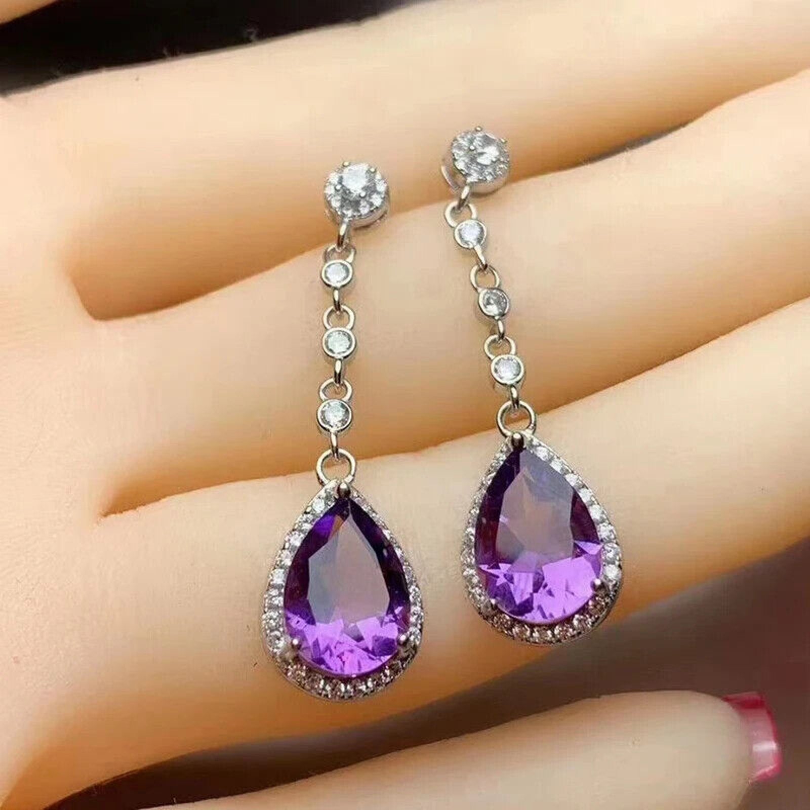 Amethyst Pear Cut Dangle Earrings 8x10mm Platinum Plated, Amethyst Earrings